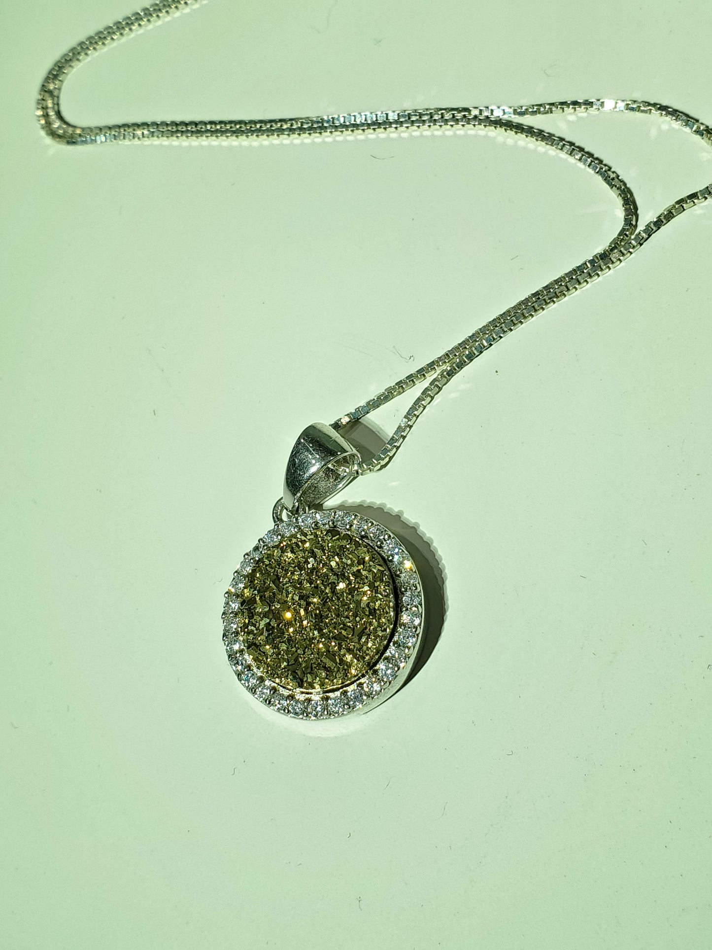 925 Sterling Silver Golden Druzy w/CZ Zirconia Halo Pendant Necklace