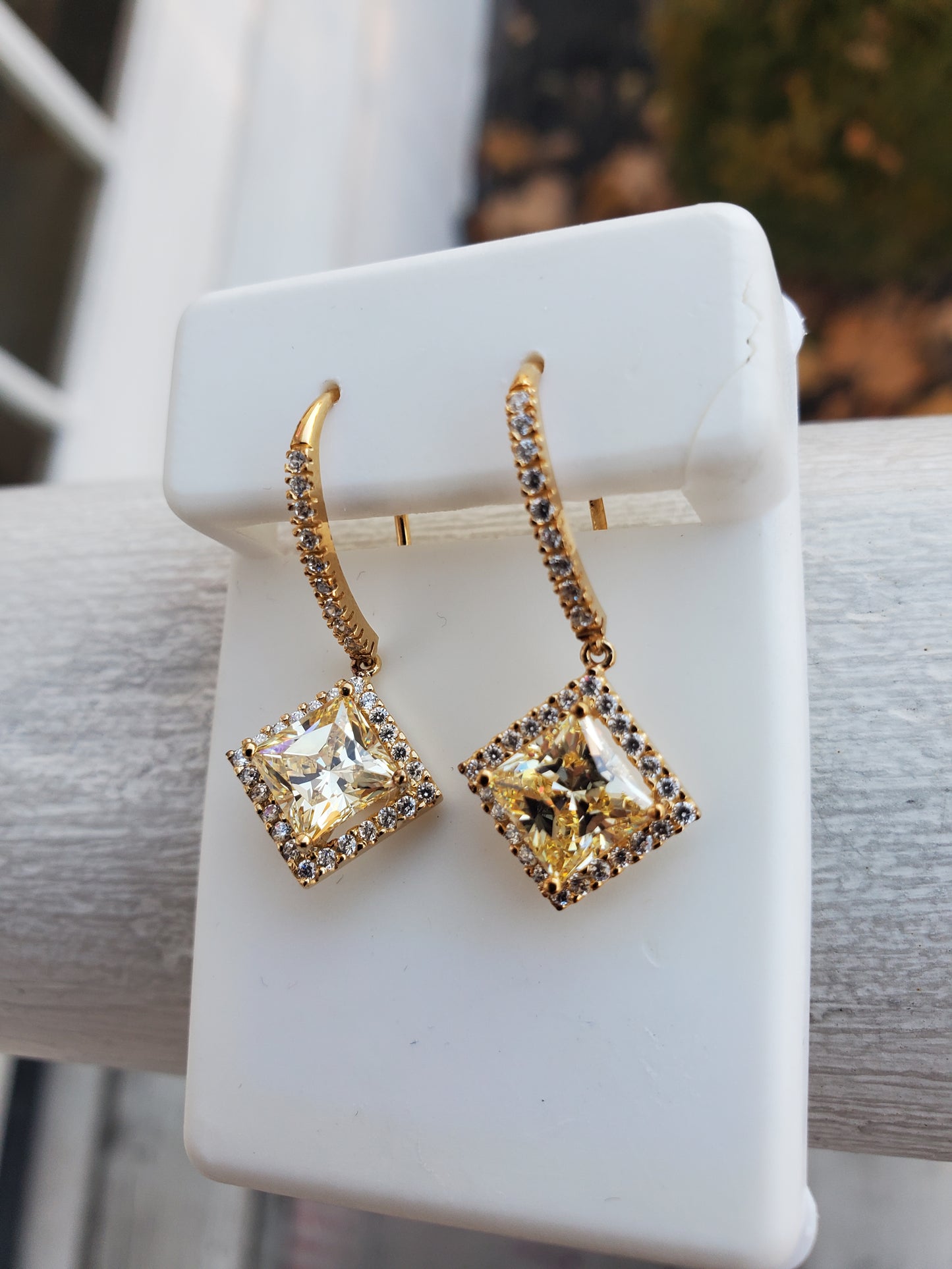 925 Sterling Silver Vermeil Princess Cut Canary Zirconia CZ Dangling Earrings