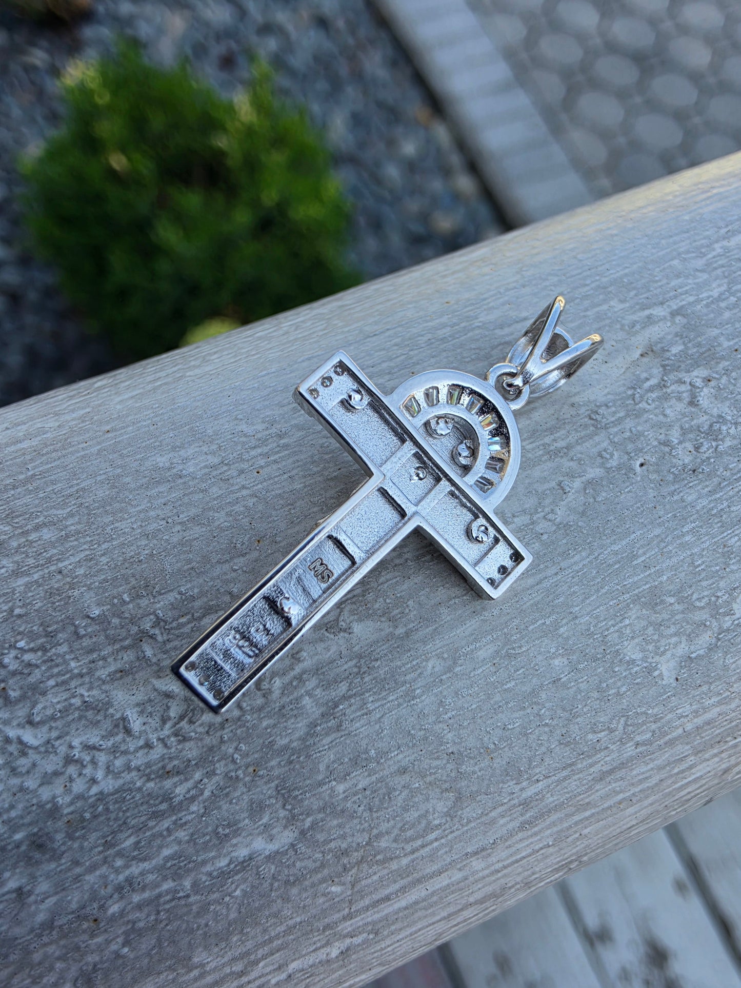 925 Sterling Silver Crucifix Cross Charm Pendant w/ White Spinel Baguette Cut Gemstones