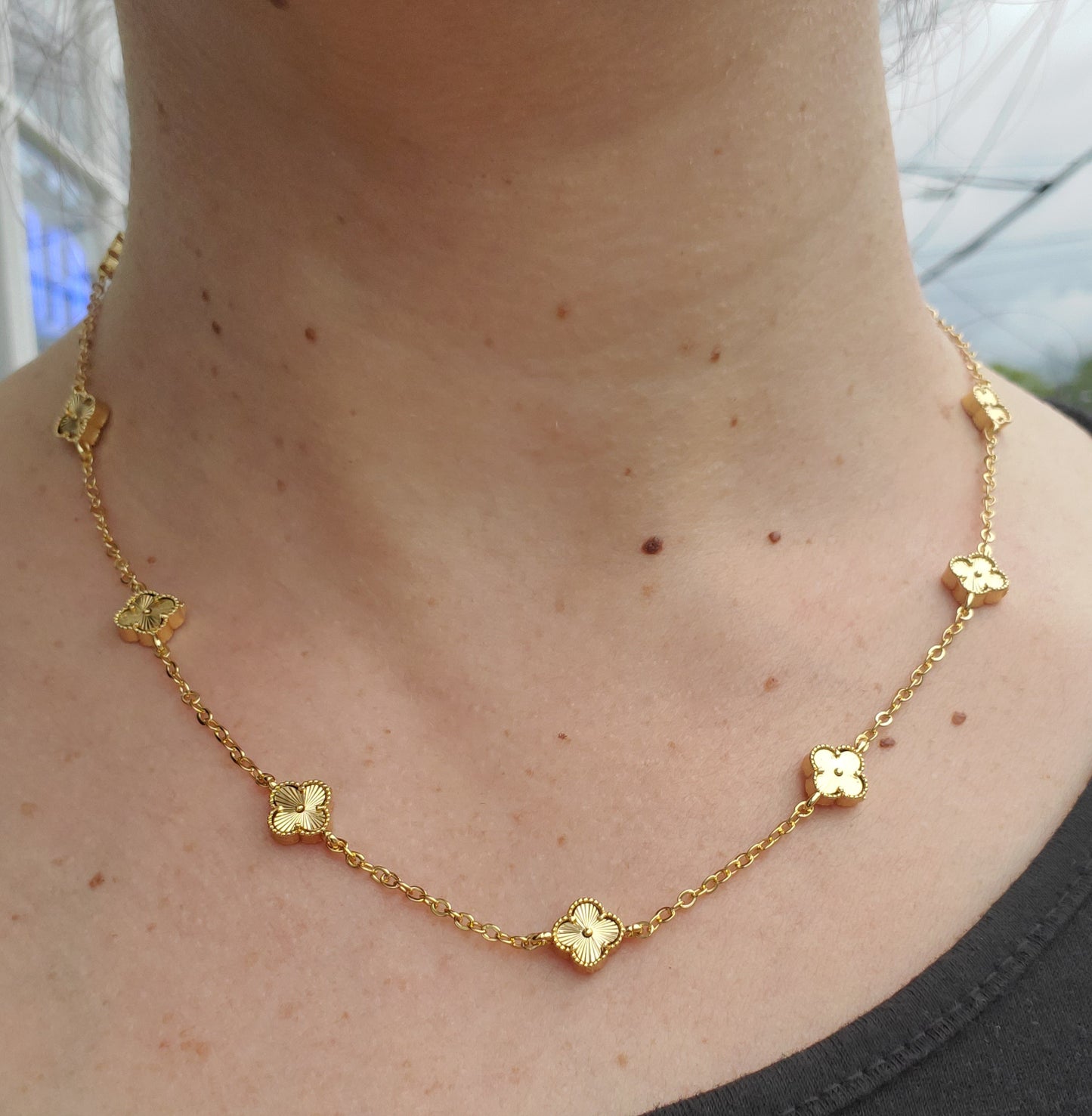 Stainless Steel Gold-plated Mini Clover Station Van Cleef Style Alhambra Necklace 18-20"
