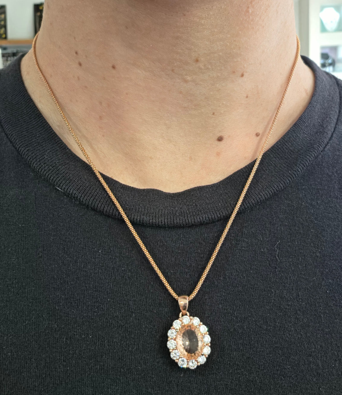 925 Sterling Silver Rose Vermeil Morganite & CZ Halo Solitare Necklace