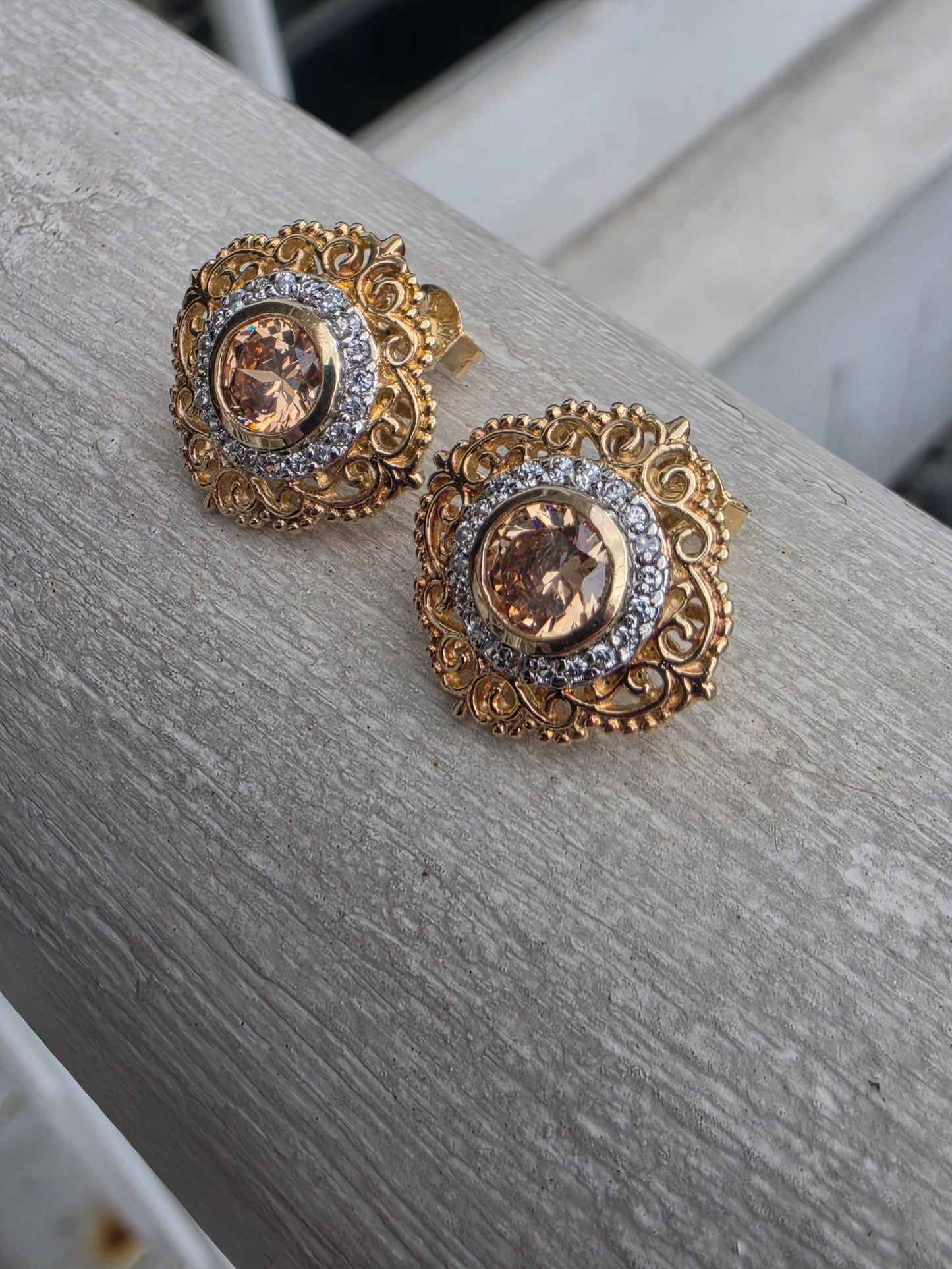 925 Sterling Silver Filigree Citrine Stud Earrings