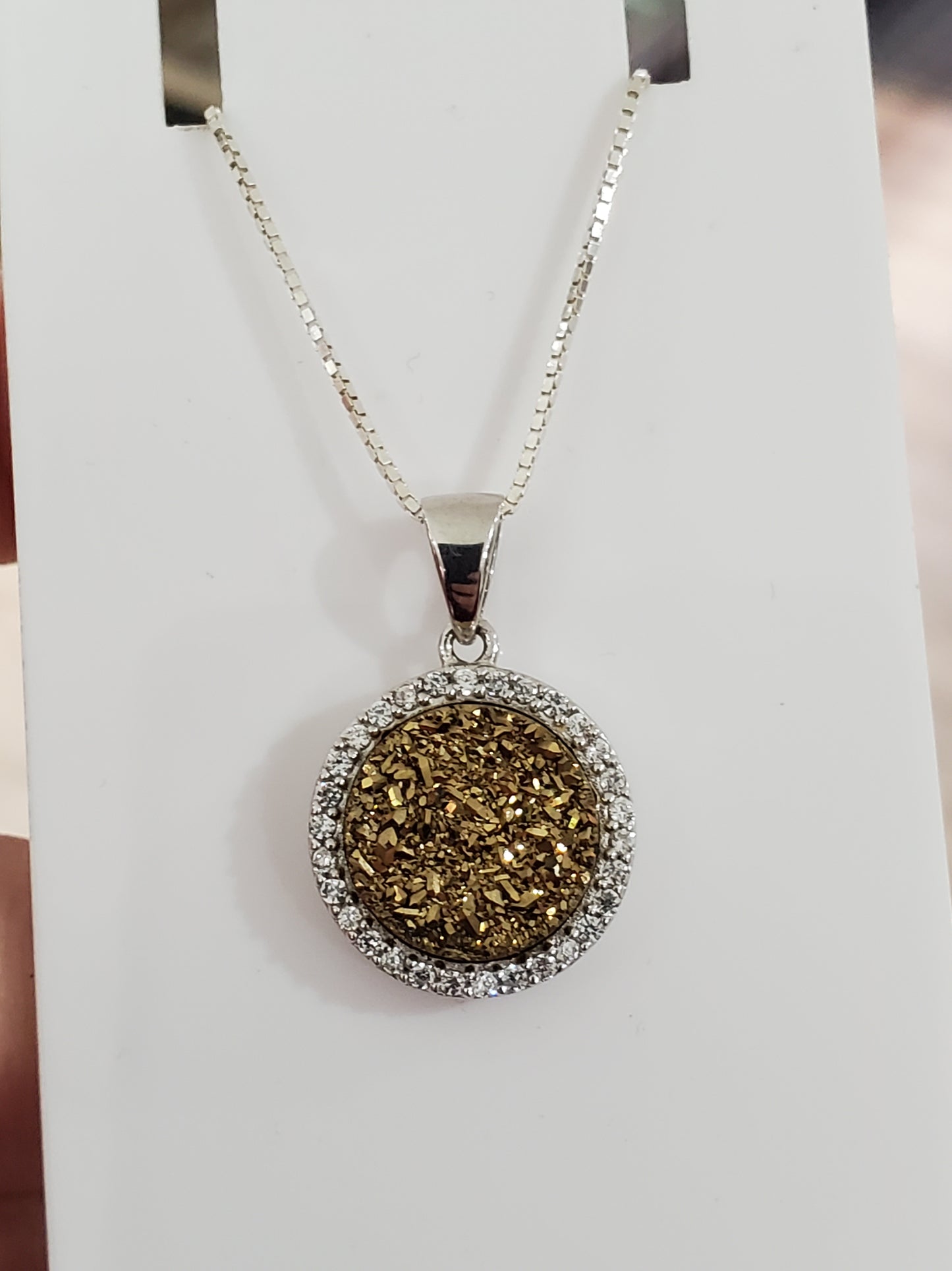 925 Sterling Silver Golden Druzy w/CZ Zirconia Halo Pendant Necklace
