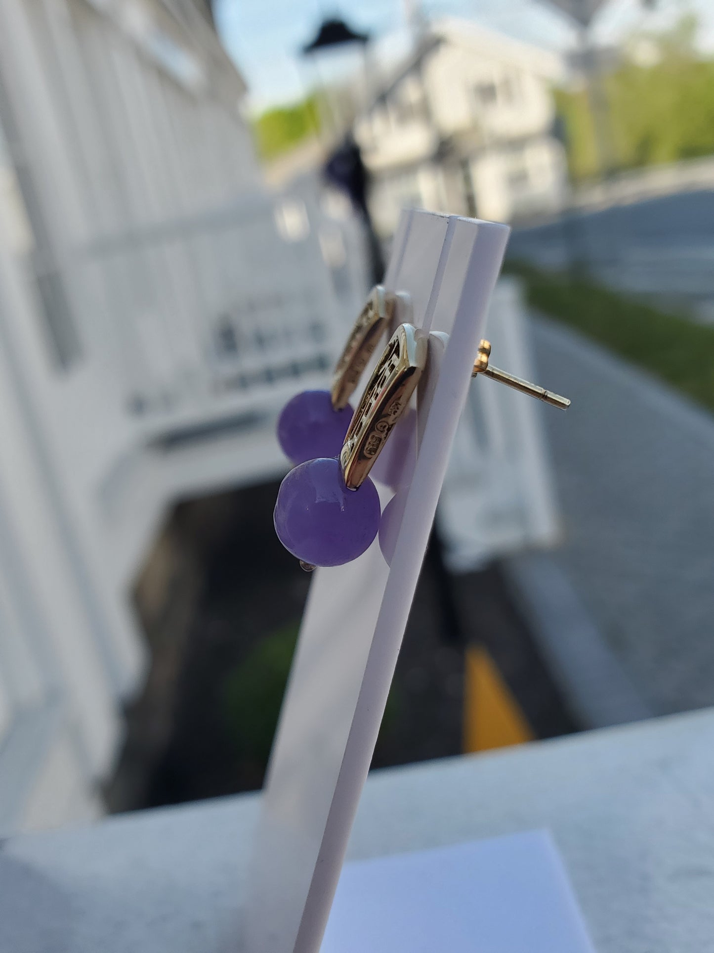 14k Solid Gold Chinese Lavendar Jade Good Luck/Fortune Stone Earrings