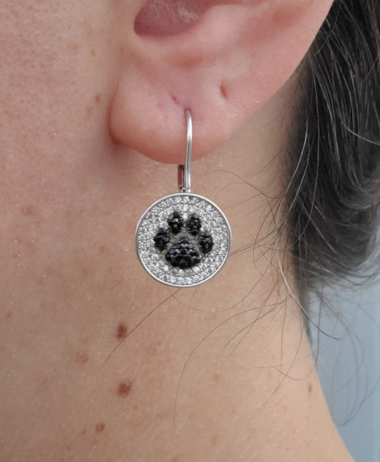 925 Sterling Silver Pet Pawprint Black & Clear Zirconia Leaverback Earrings