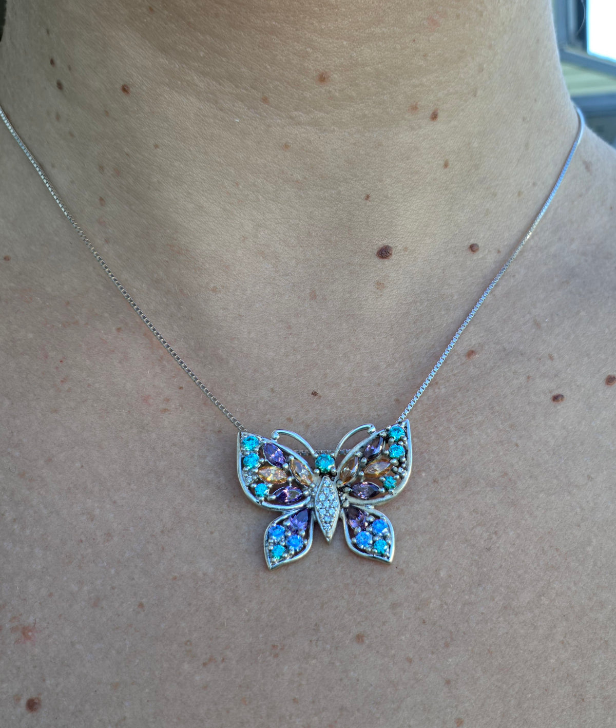 925 Sterling Silver Multi-Color Gemstone Butterfly Pendant Necklace