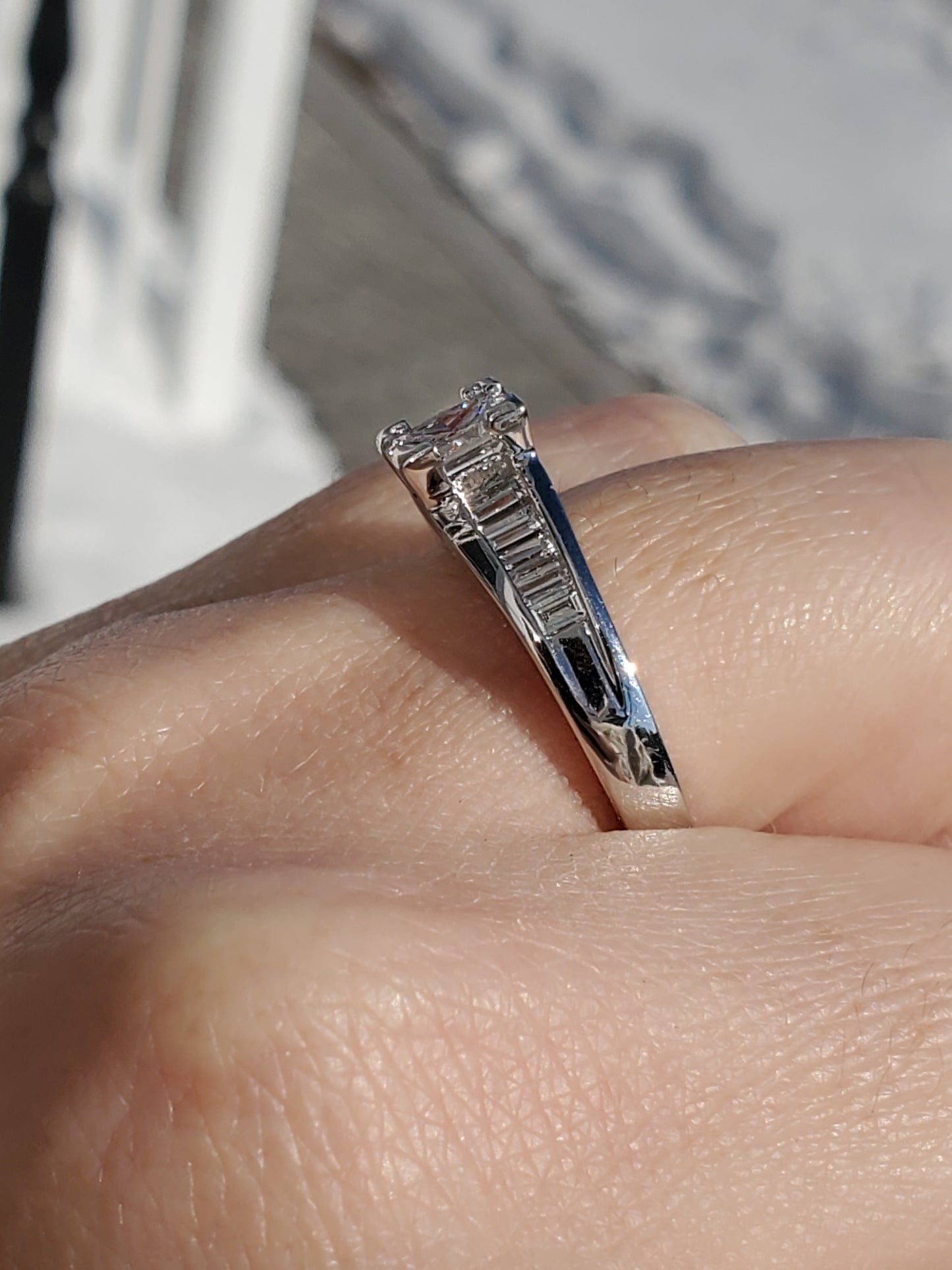 14k White Gold Natural Princess Cut Diamond Engagement Ring w/ channel set emerald cut sides