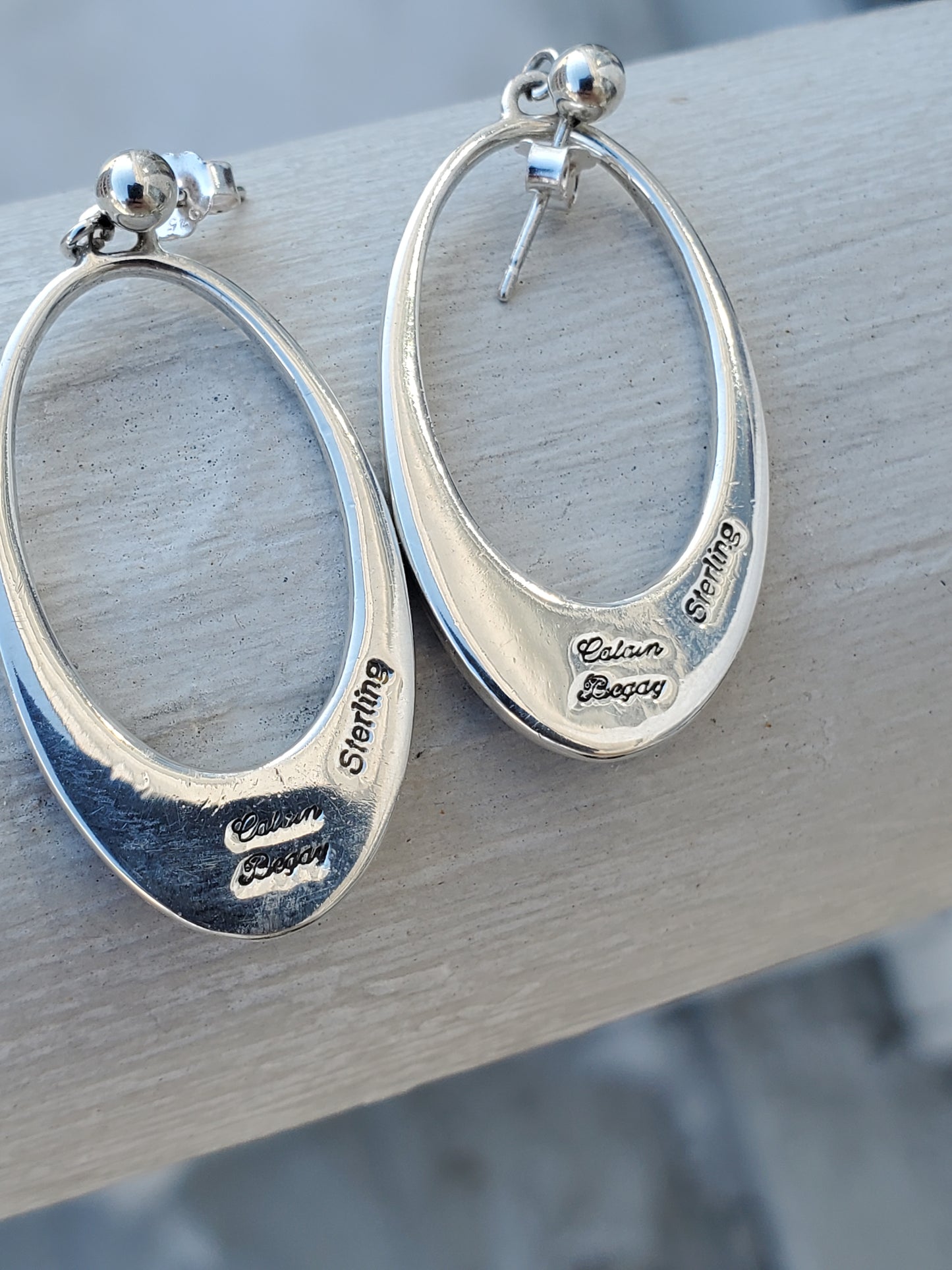 925 Sterling Silver Designer Calvin Begay Zuni Native American Tribal Oblong Lapiz Lazuli Dangling Earrings