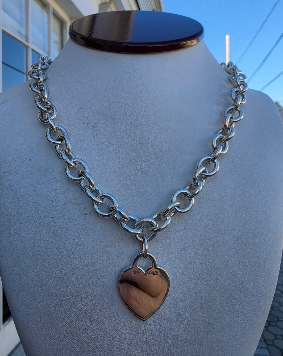 925 Sterling Silver Tiffany & Co. dangle heart tag chain link necklace