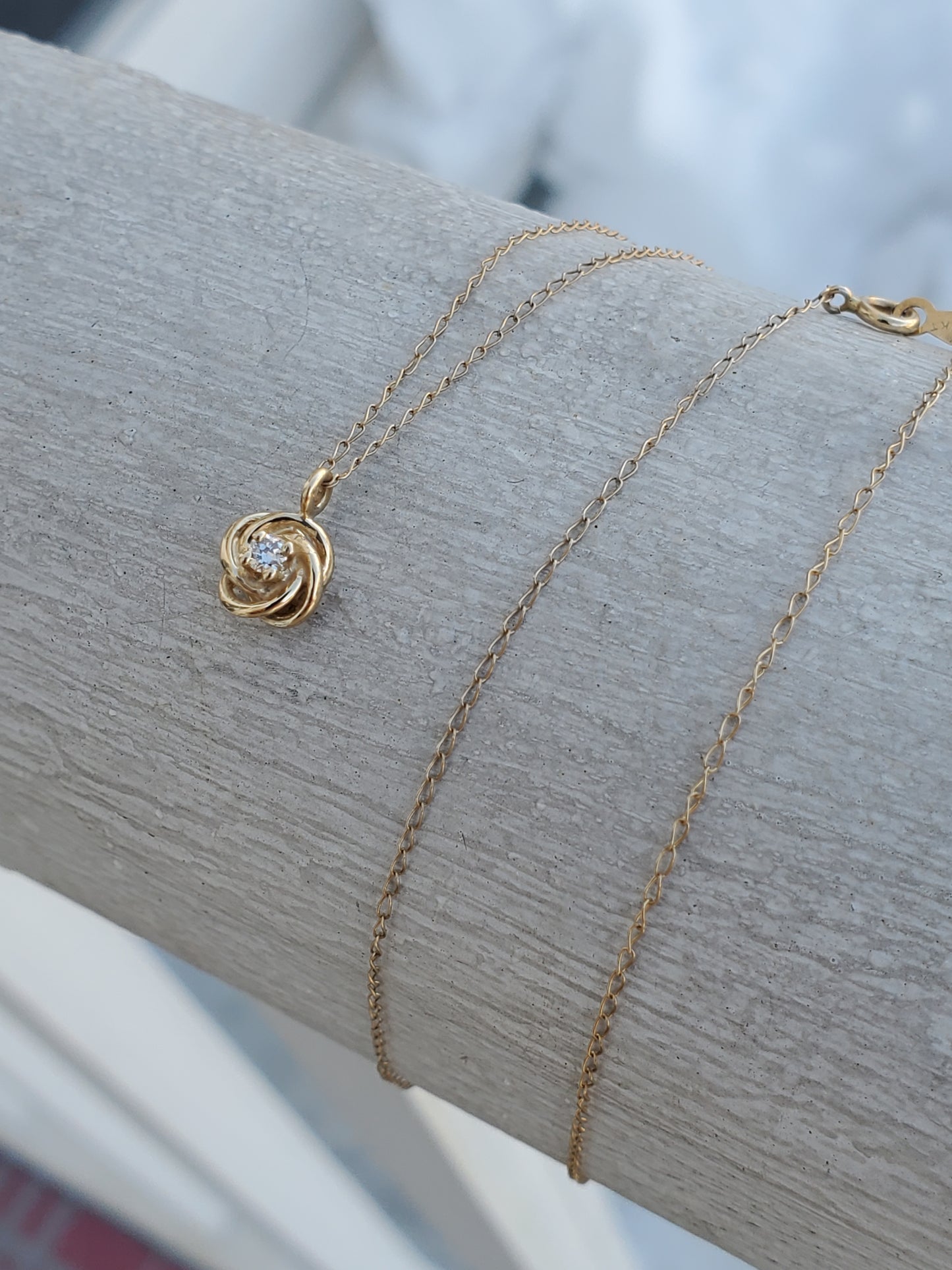 14k Solid Gold Petite Diamond Solitare Love Knot Necklace