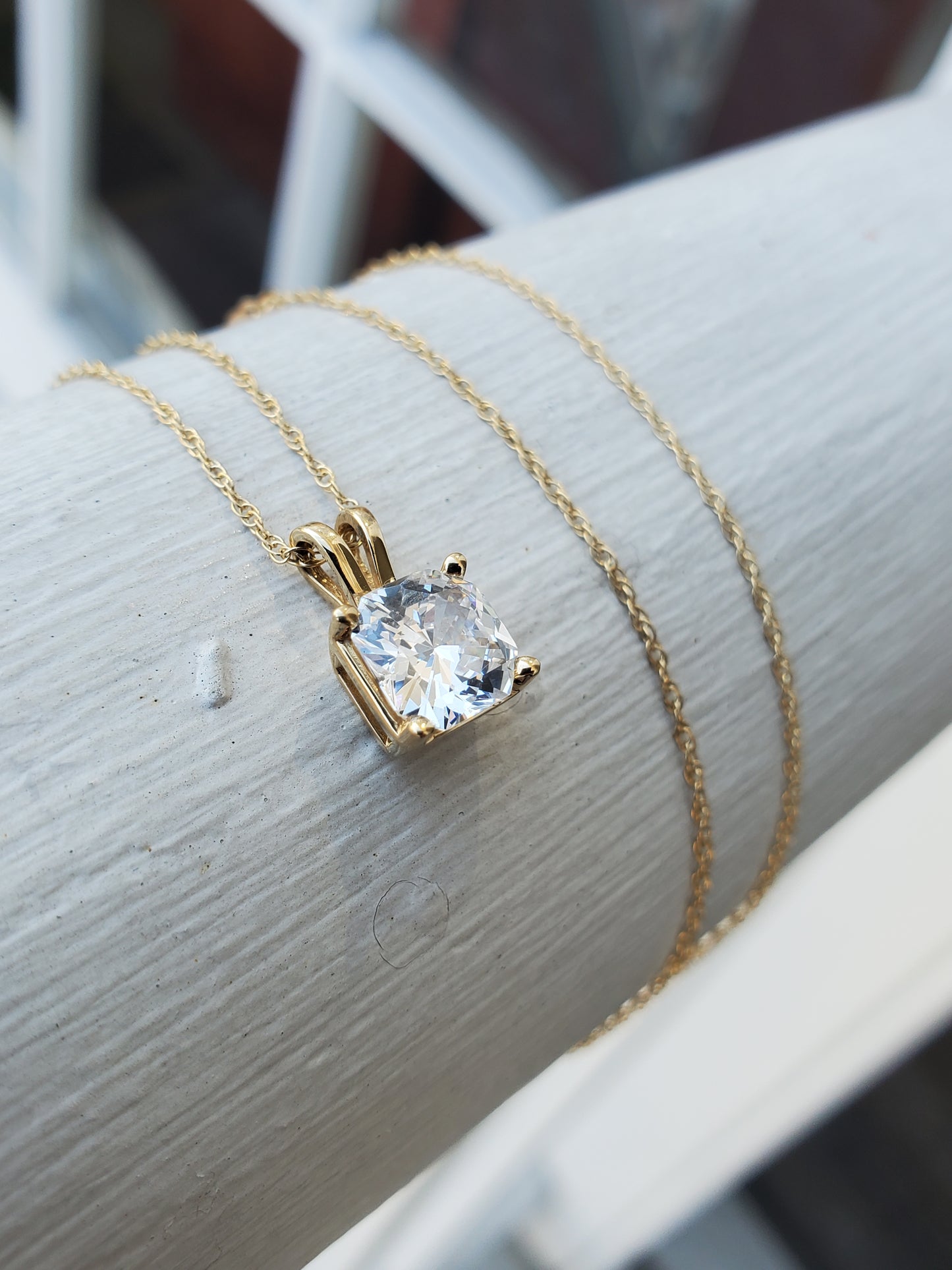 14k Solid Gold 2ct Cushion Cut Zirconia Solitare Statement Necklace