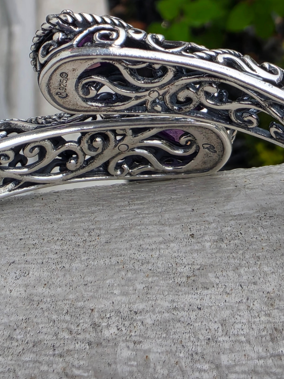 925 Sterling Silver Designer Carolyn  Pollock Roderick Tenorio Openwork Filagre Bypass Amethyst Bangle Bracelet