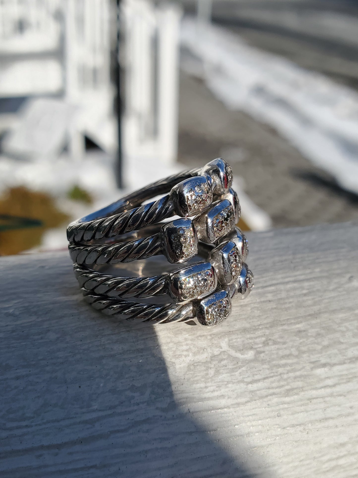 925 Sterling Silver Designer David Yurman 4-Row Confetti Twisted Cable Diamond Ring