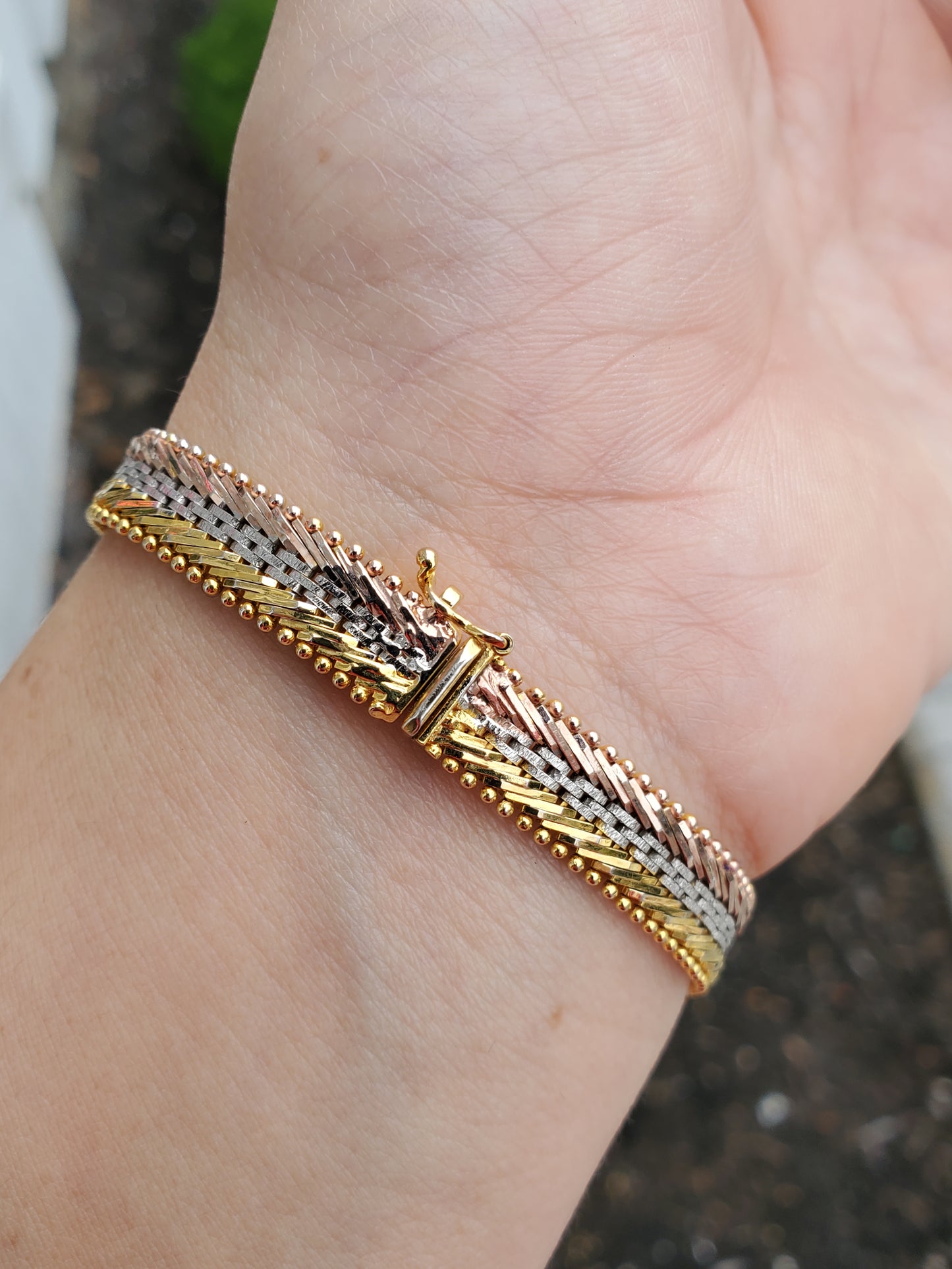 925 Sterling Silver Tri-color Riccio Chevron Link Bracelet
