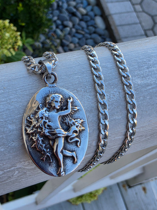 Stainless Steel Large Oval Angel Cherub Amulet Pendant Necklace