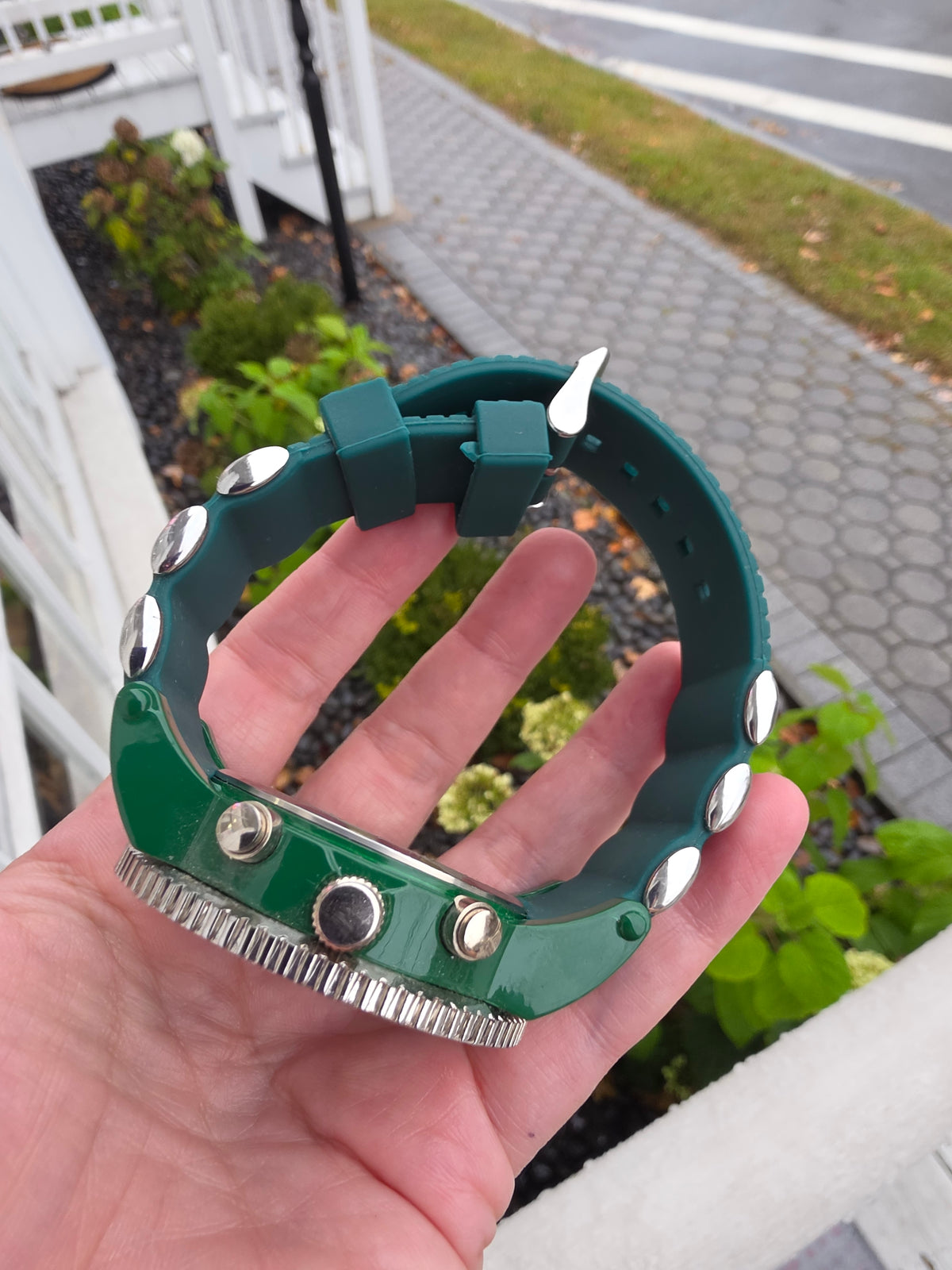 Mens Stainless Steel Techno King Green Rubber Band