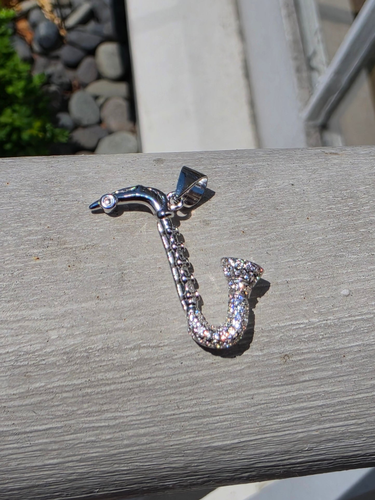 925 Sterling Silver White Spinel Saxophone 3D Pendant Charm