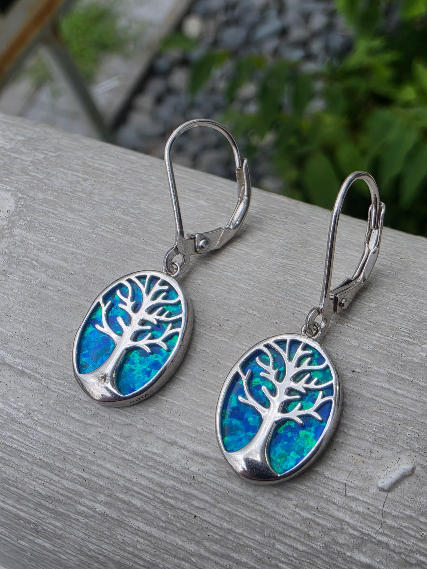 925 Sterling Silver Blue Opal Tree of Life Dangling Earrings
