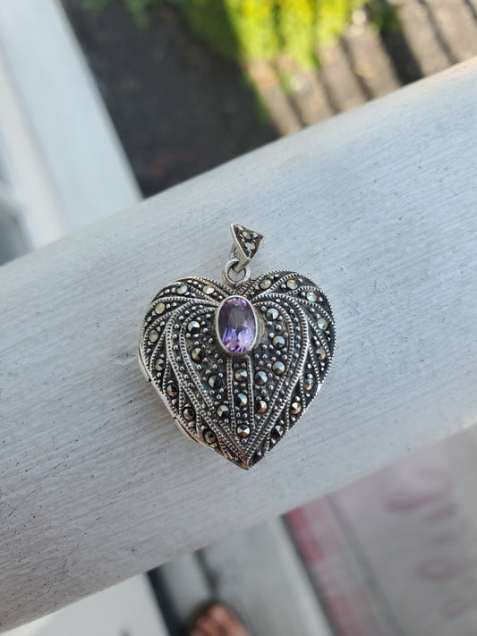 925 Sterling Silver Vintage Amethyst & Marcasite Heart Locket Pendant Charm