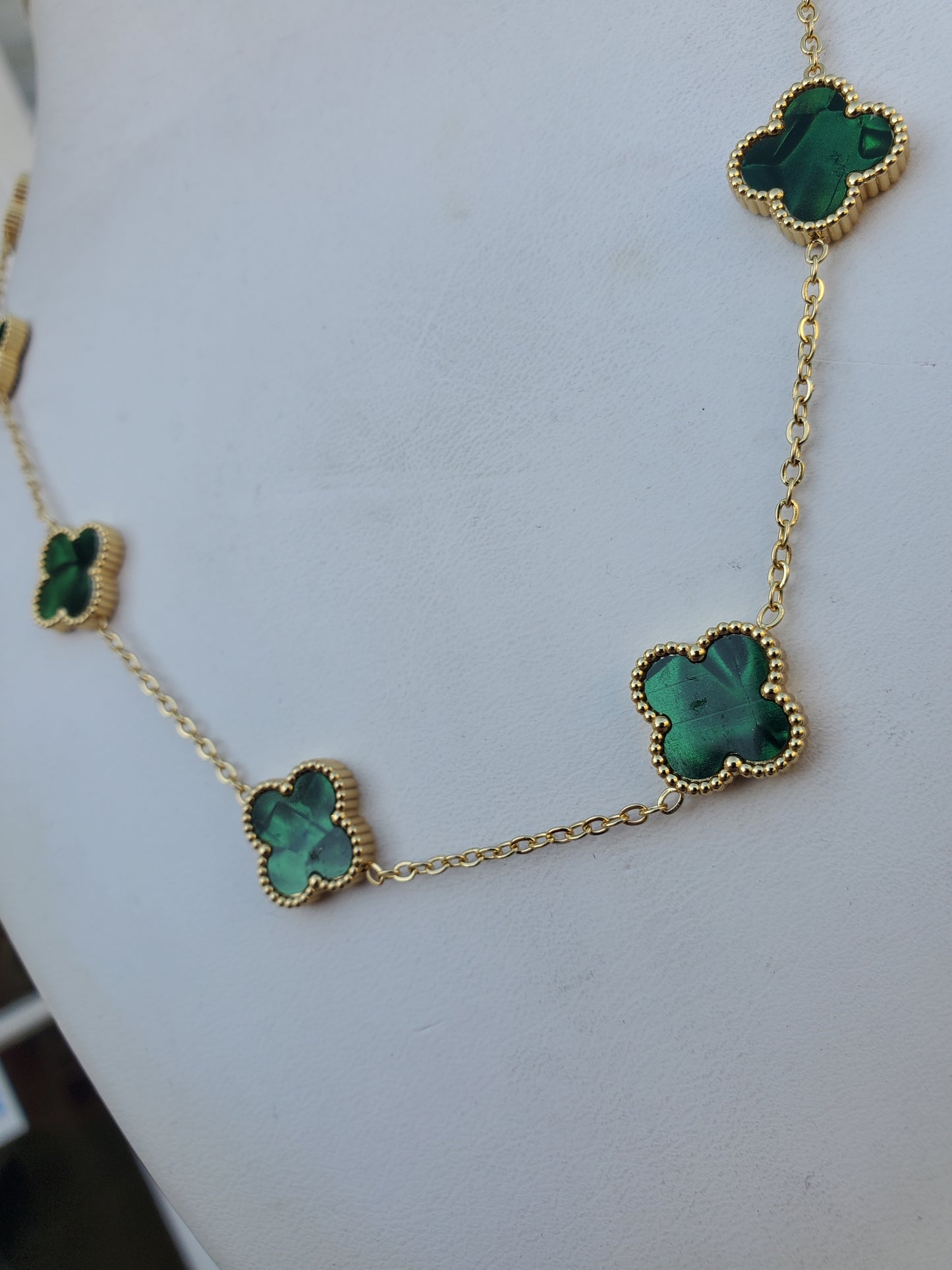 Stainless Steel Gold Color Green Clover Station Van Cleef Style Necklace 18”-20”
