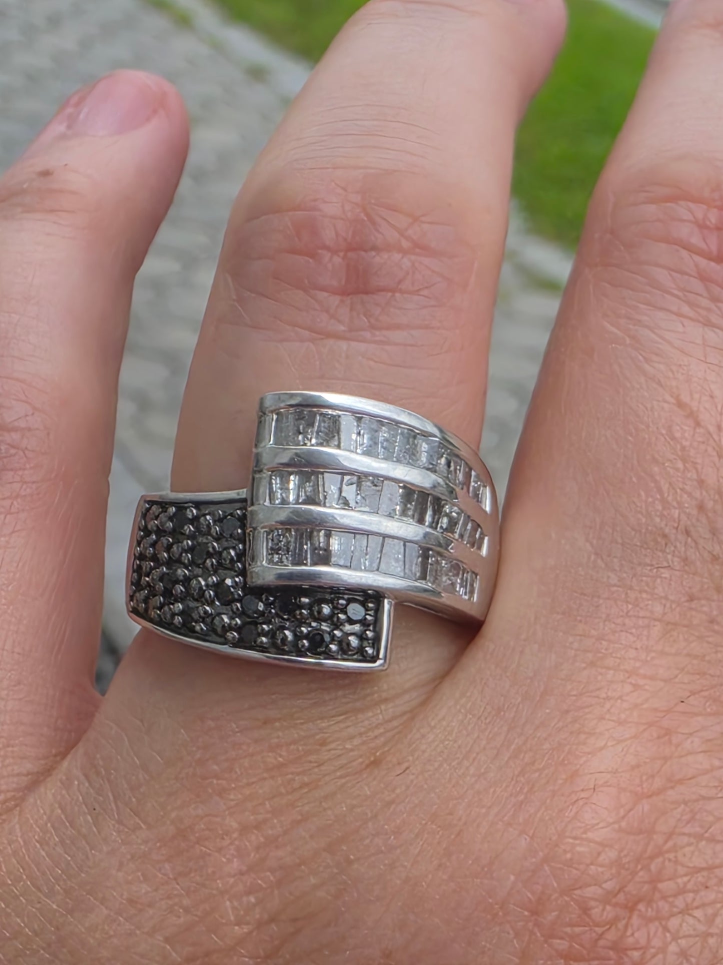 925 Sterling Silver 1.50tcw Natural White Baguette & Black Diamond OTC International Bypass Design Ring