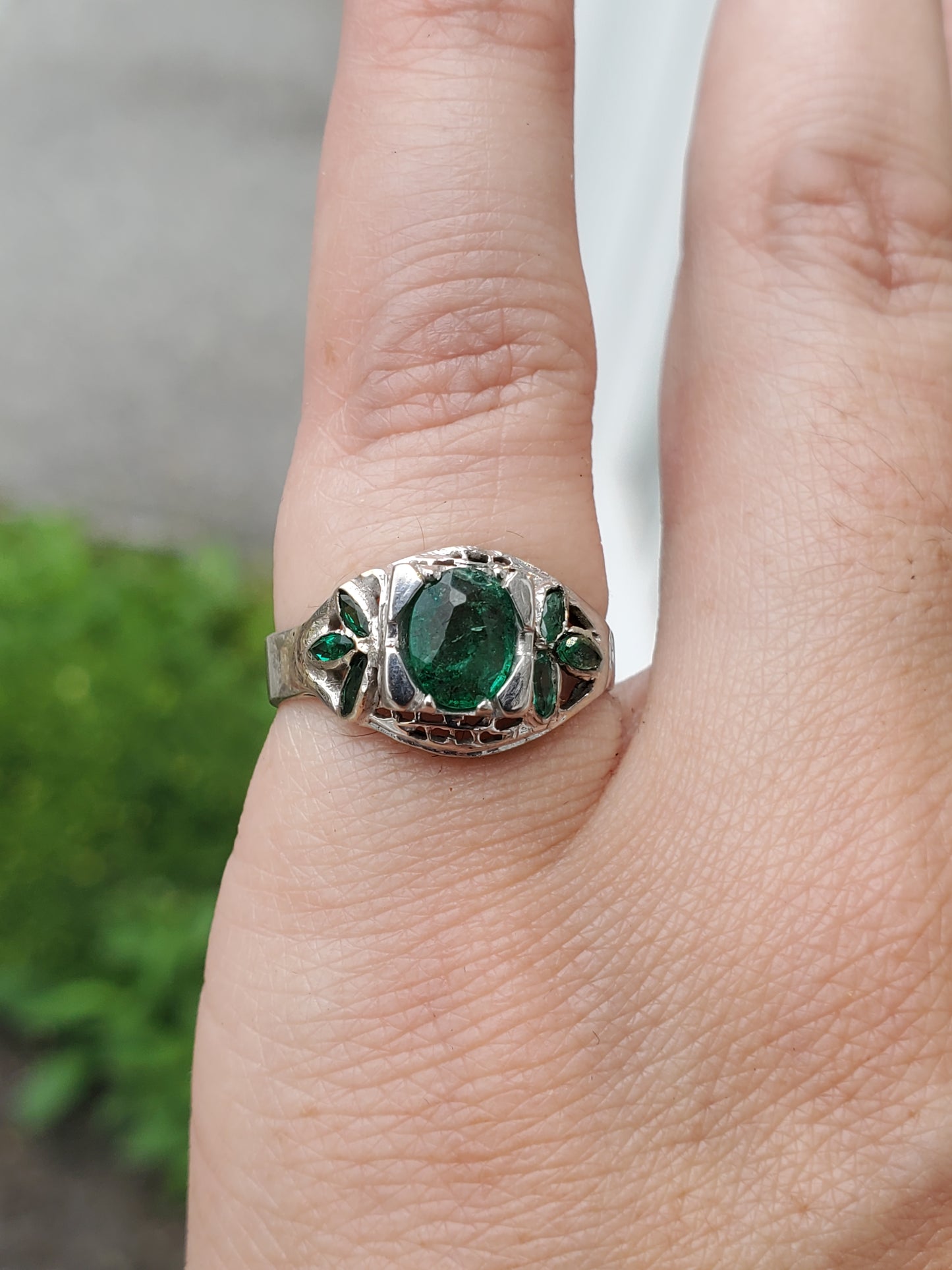 14k White Gold Antique Natural Oval & Marquise Emerald Ring