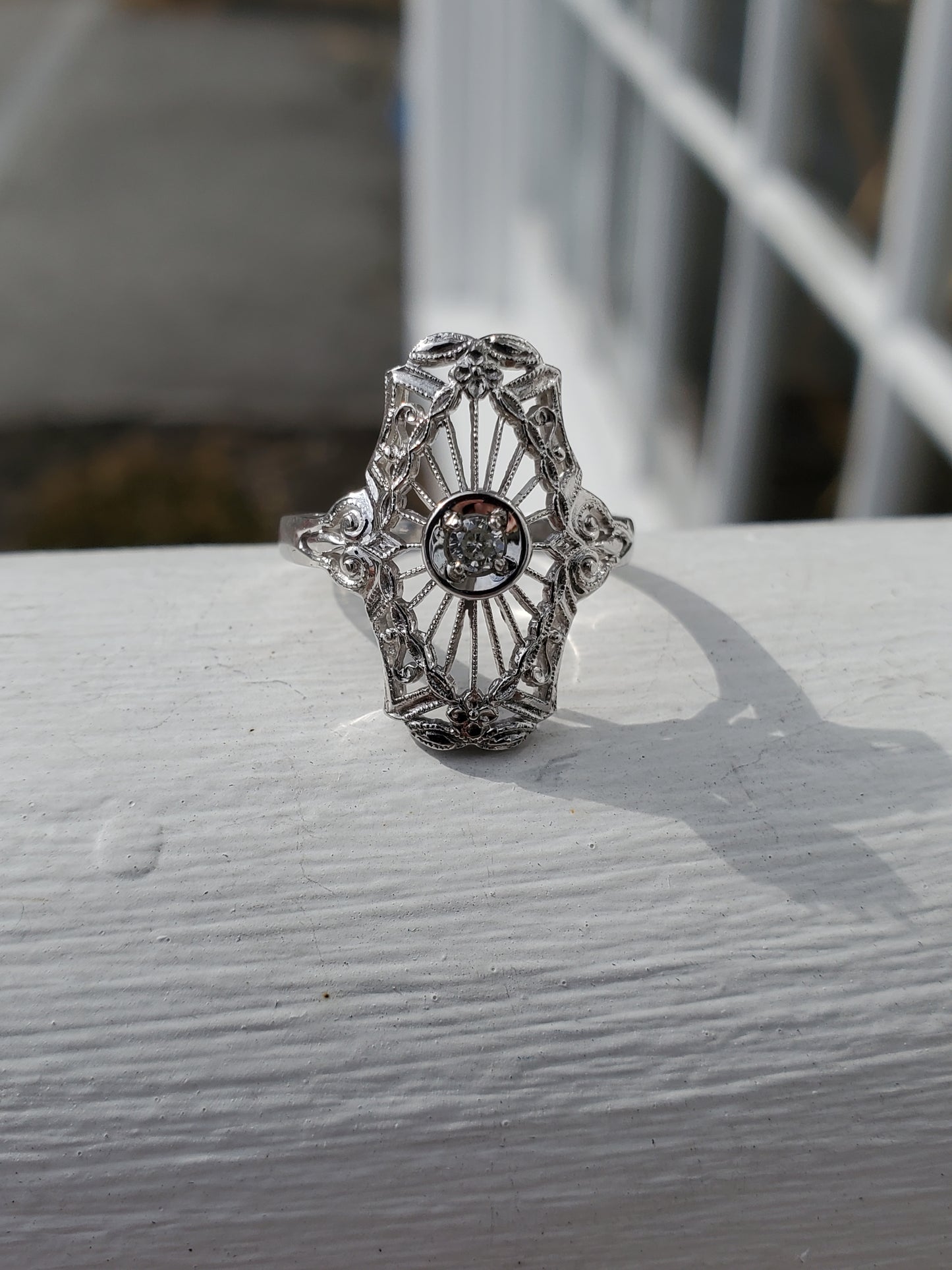 14k White Gold Vintage Art Deco Filagre Diamond Ring