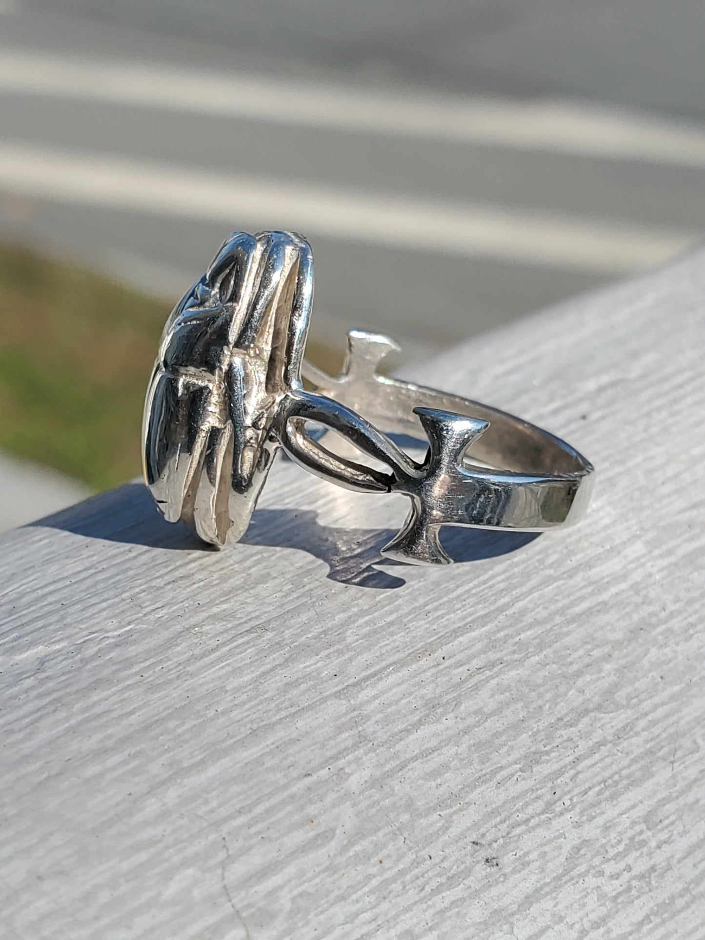 925 Sterling Silver Egyptian Scarab Onk Ankh Hieroglyphics Ring