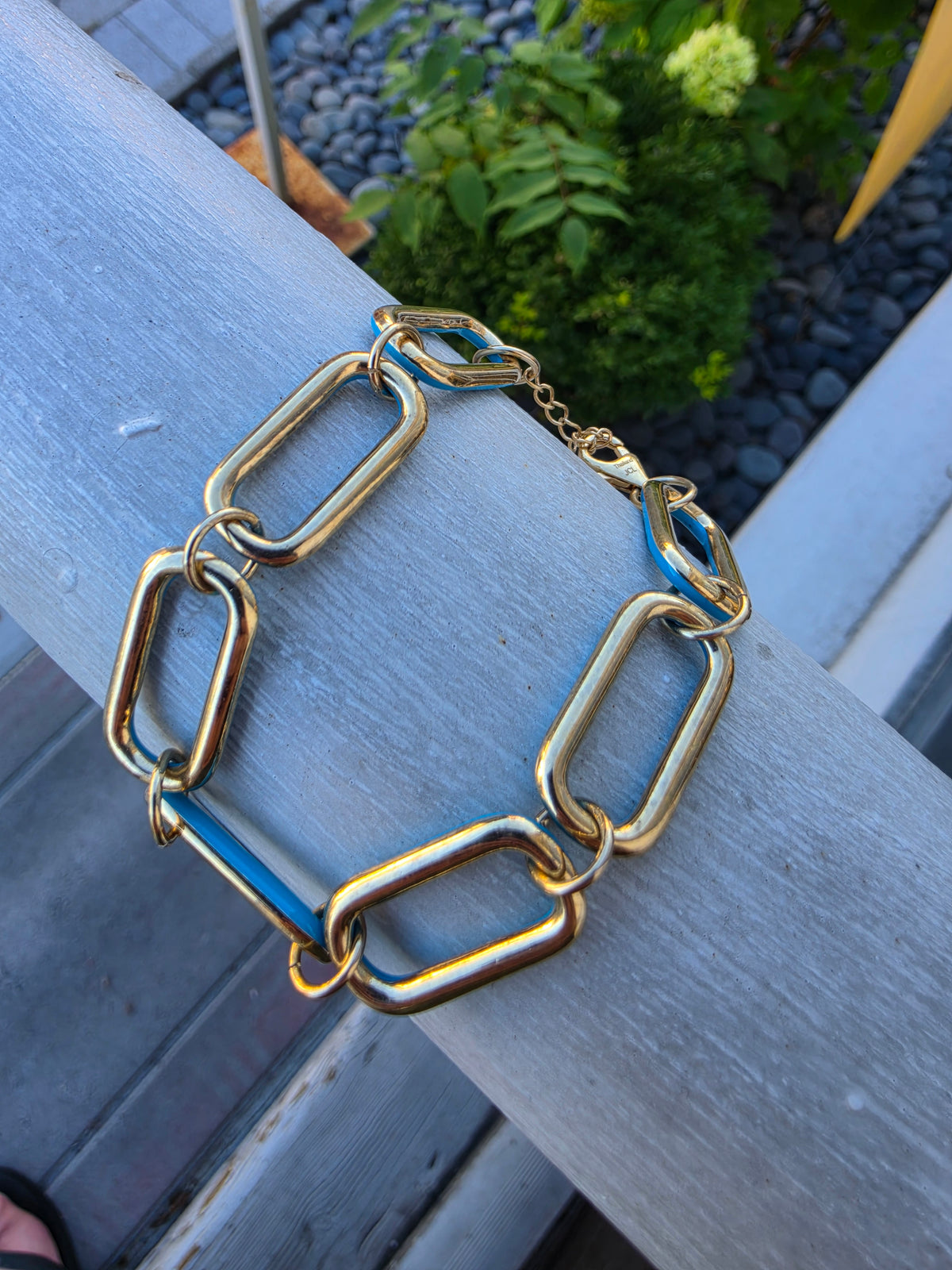 925 Sterling Silver Vermeil Large Teal Enamel Paperclip Link Reversible Bracelet
