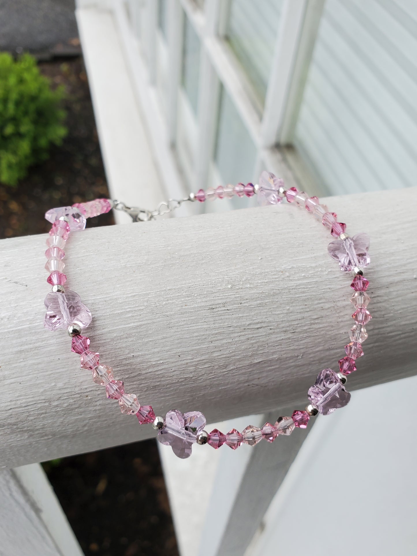 925 Sterling Silver Handmade Pink Beaded Swarovski Crystal Butterfly Anklet