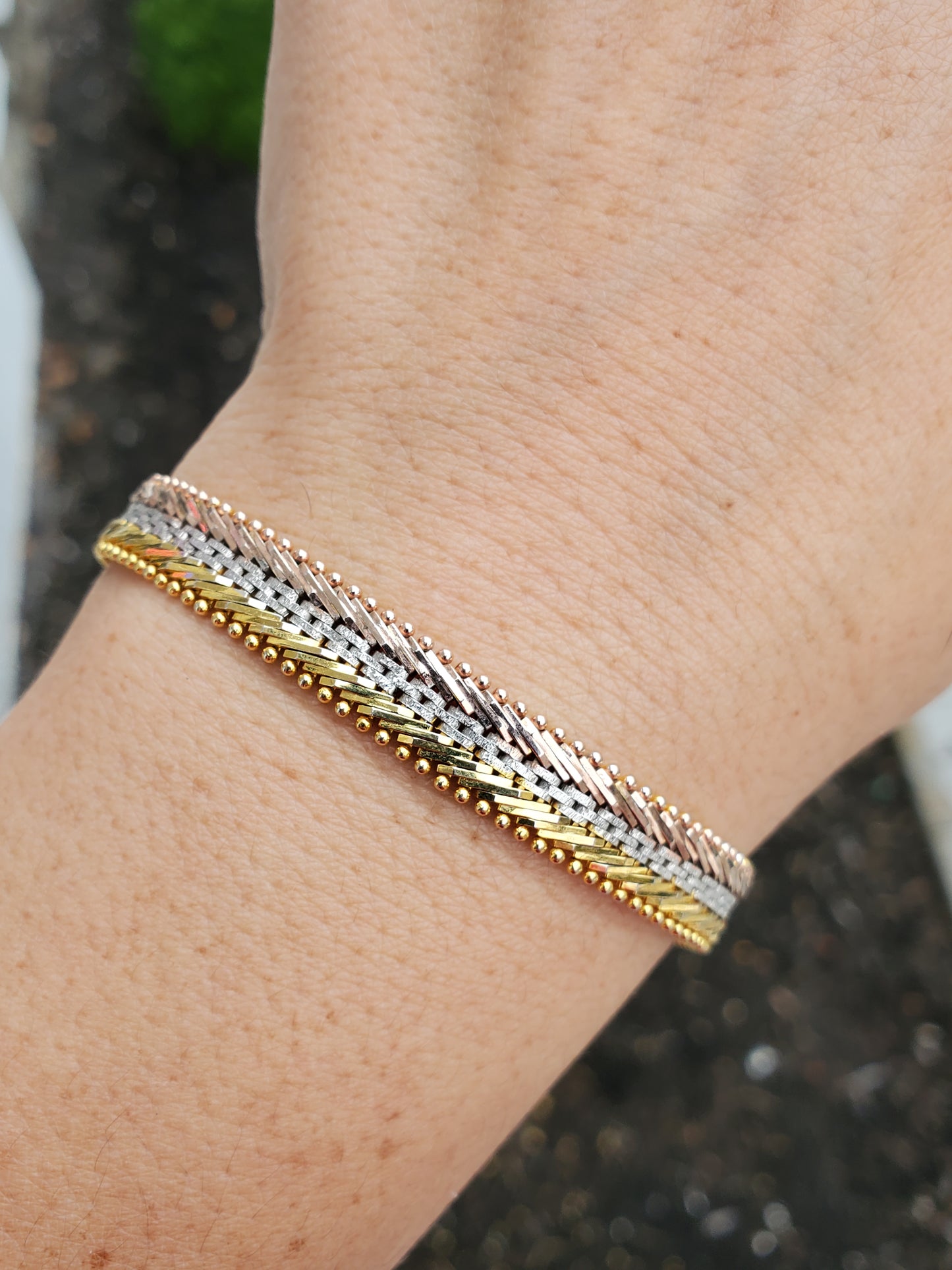 925 Sterling Silver Tri-color Riccio Chevron Link Bracelet