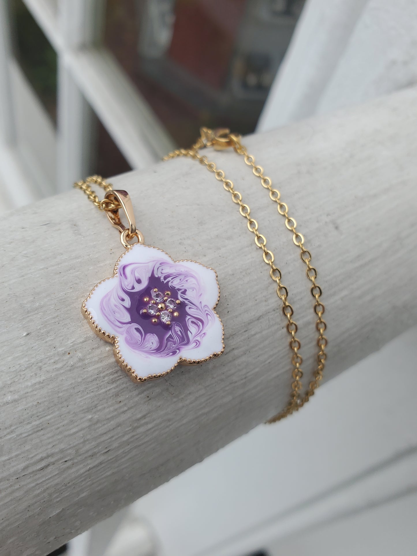 Stainless Steel Gold Plated Purple & White Enamel Floral Flower Necklace