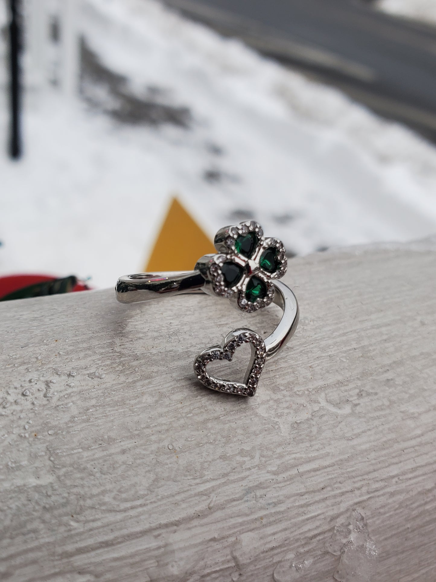 925 Sterling Silver "Lucky in Love" Shamrock Clover Bypass Heart Ring