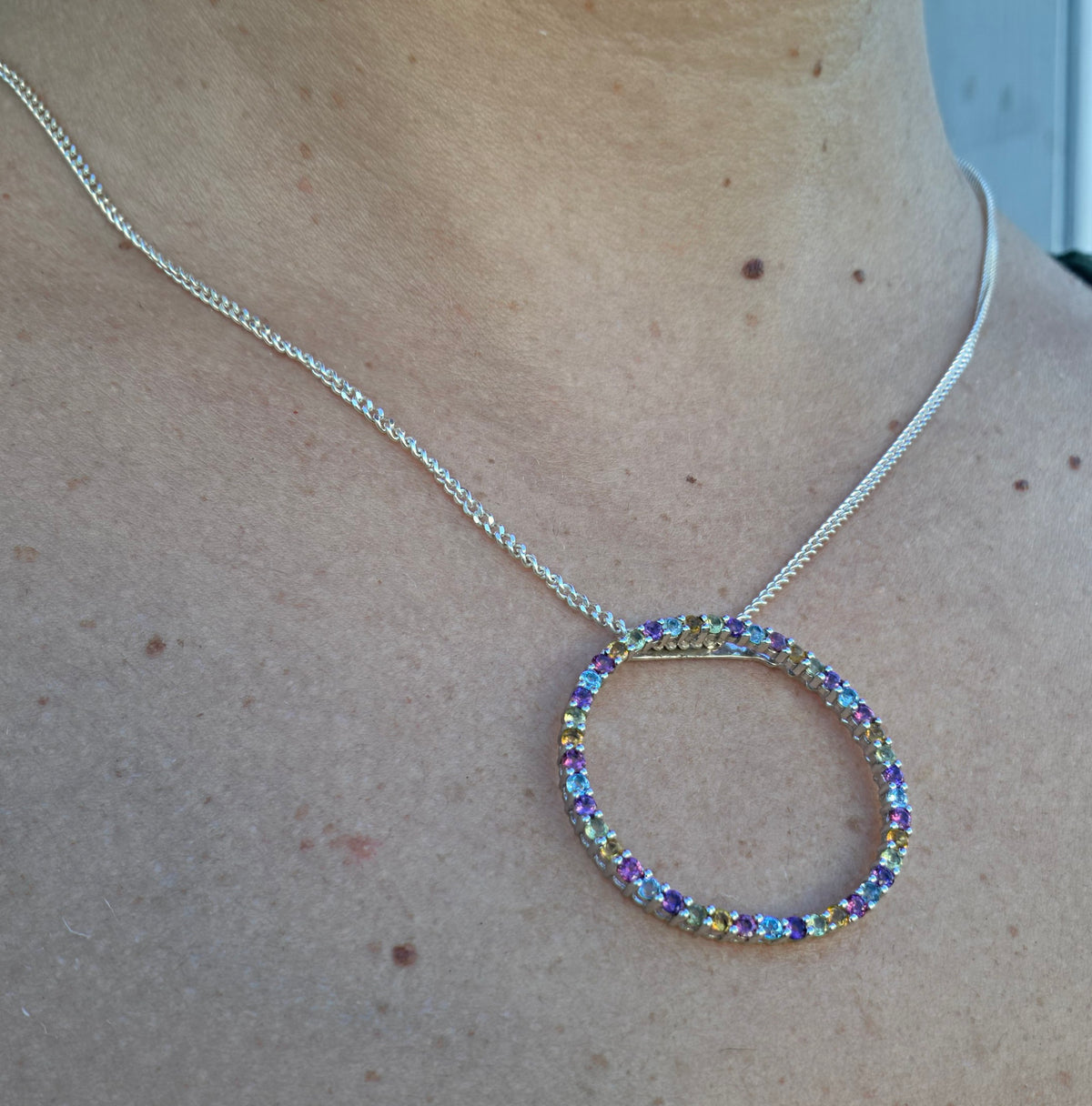 925 Sterling Silver Circle of Life Multi-Color Gemstone Necklace