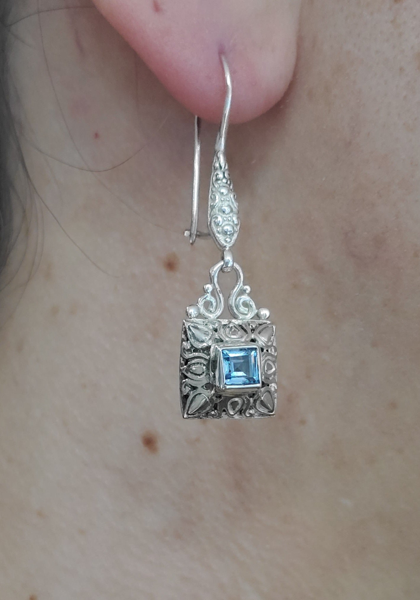 925 Sterling Silver Designer Sarda Blue Topaz Bali Filagre Dangling Earrings