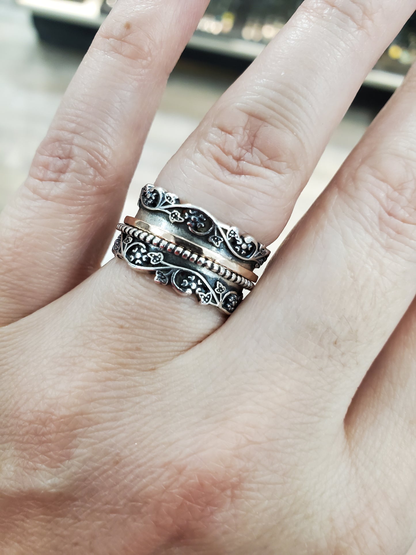 925 Sterling Silver Designer PAZ Israel Thick Oxydized Spinner Band Ring