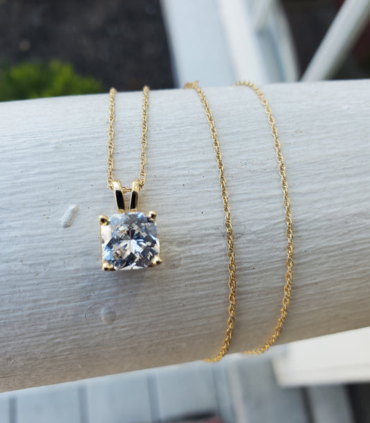 14k Solid Gold 2ct Cushion Cut Zirconia Solitare Statement Necklace