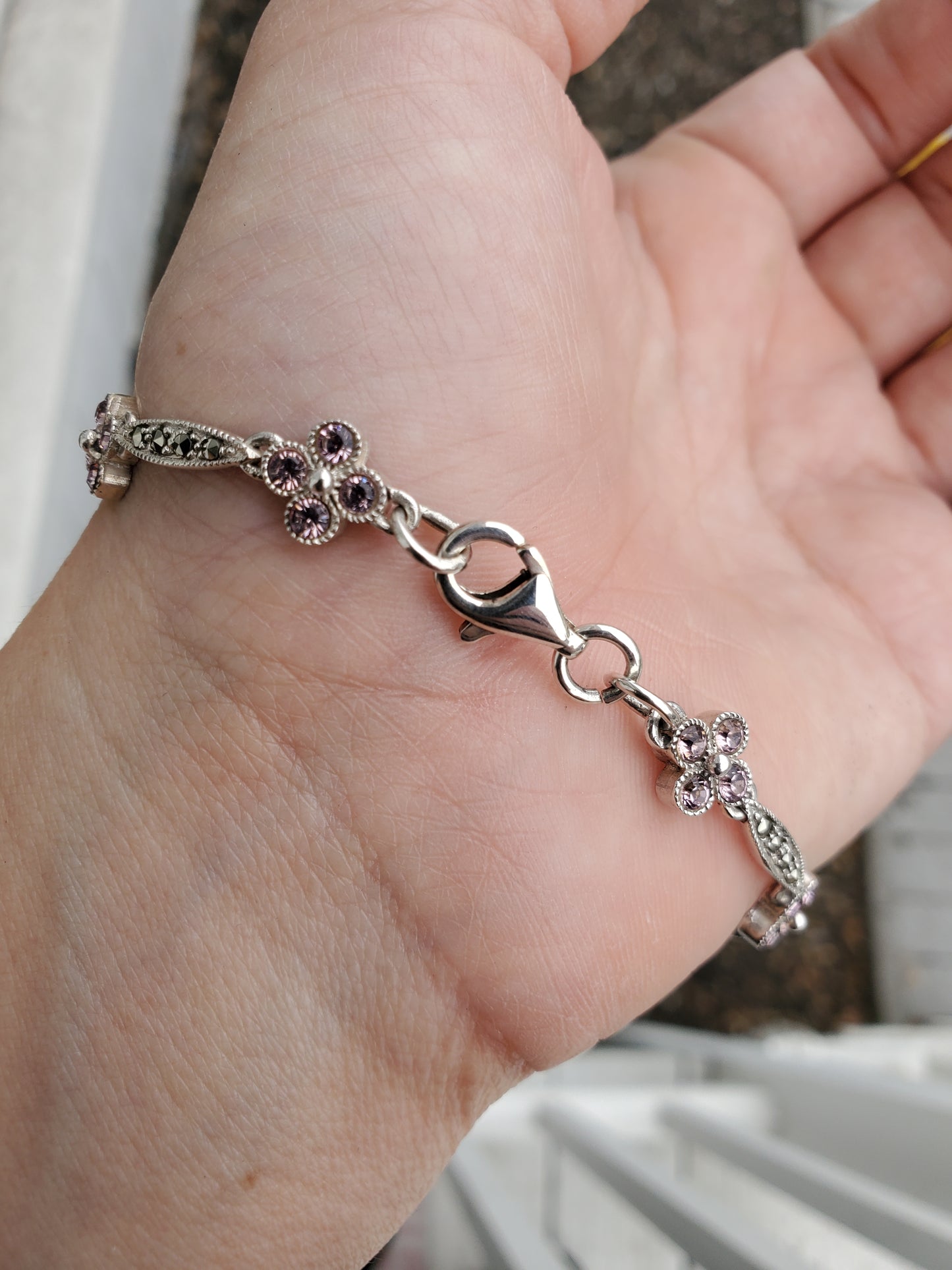 925 Sterling Silver Pink Zirconia & Marcasite Flower Bracelet 7.5”