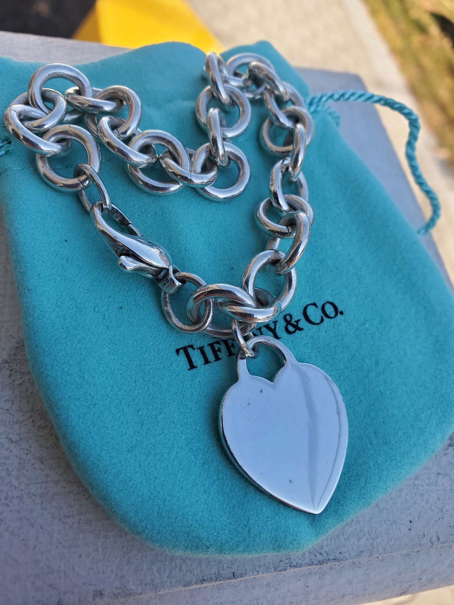 925 Sterling Silver Tiffany & Co. dangle heart tag chain link bracelet