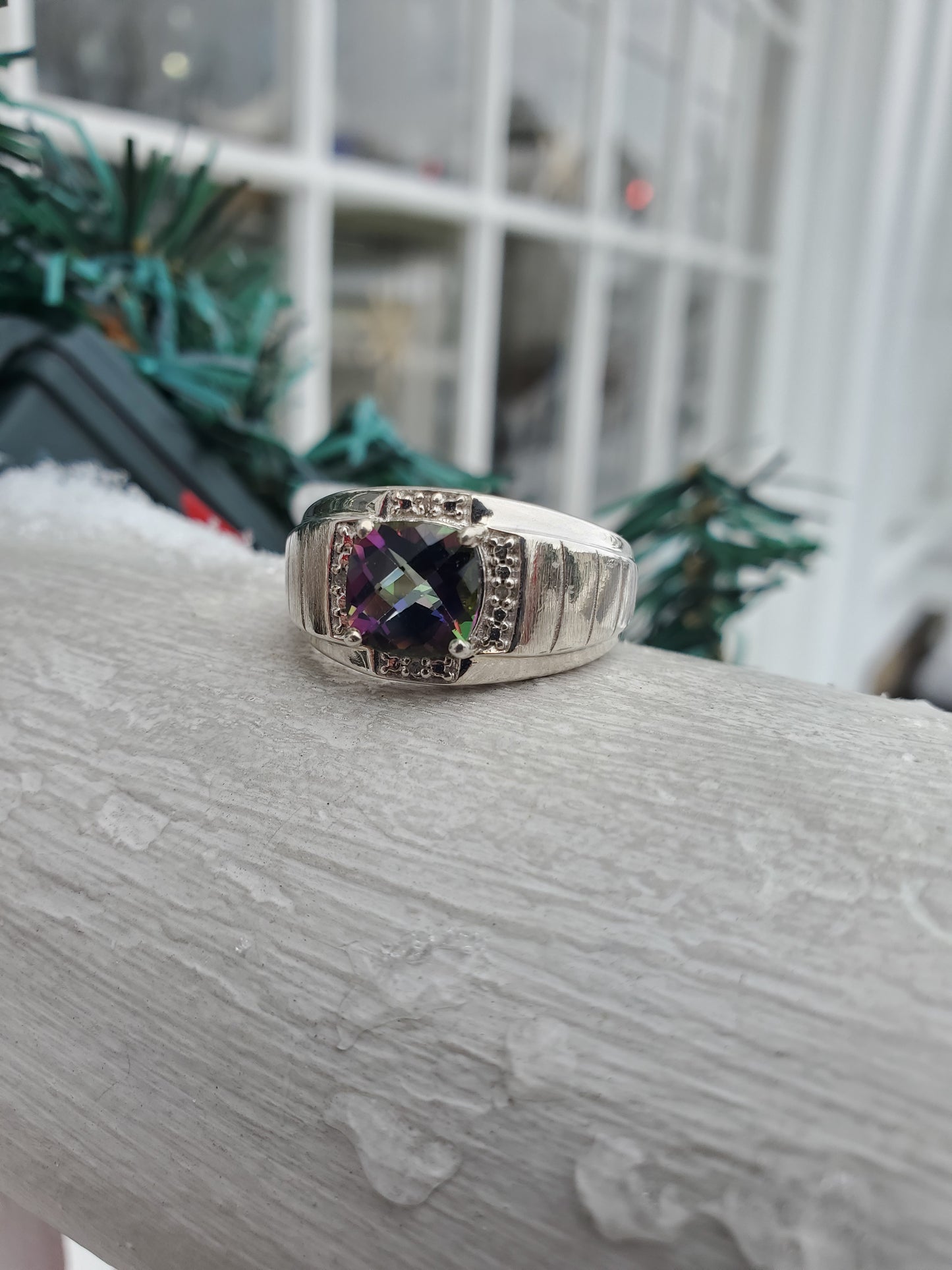 925 Sterling Silver Men's 2ct Cushion Cut Mystic Topaz & Diamond Solitare Ring