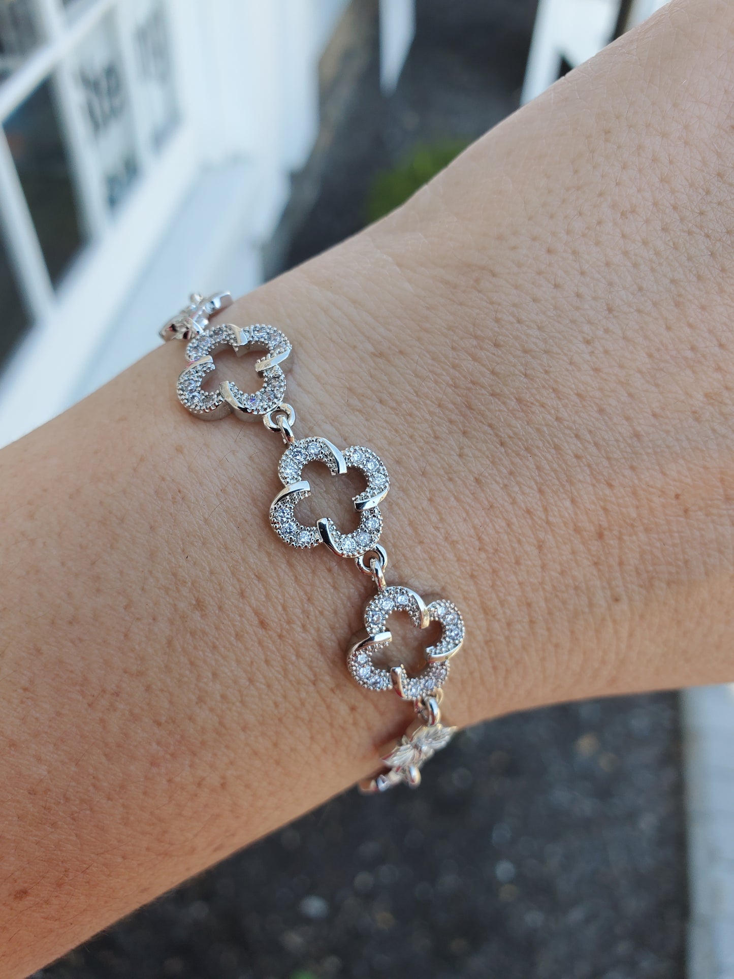 Stainless Steel Floral Blossom CZ Quatrefoil Bracelet