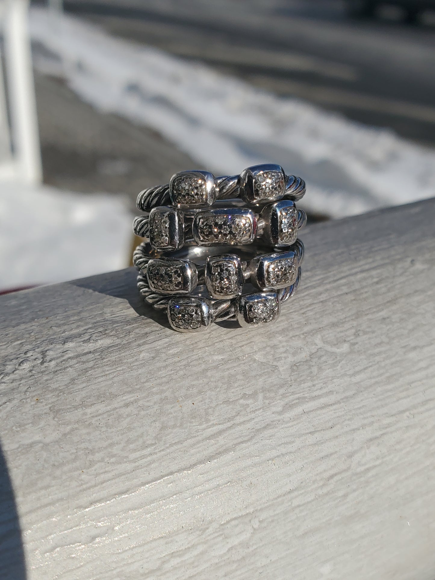 925 Sterling Silver Designer David Yurman 4-Row Confetti Twisted Cable Diamond Ring