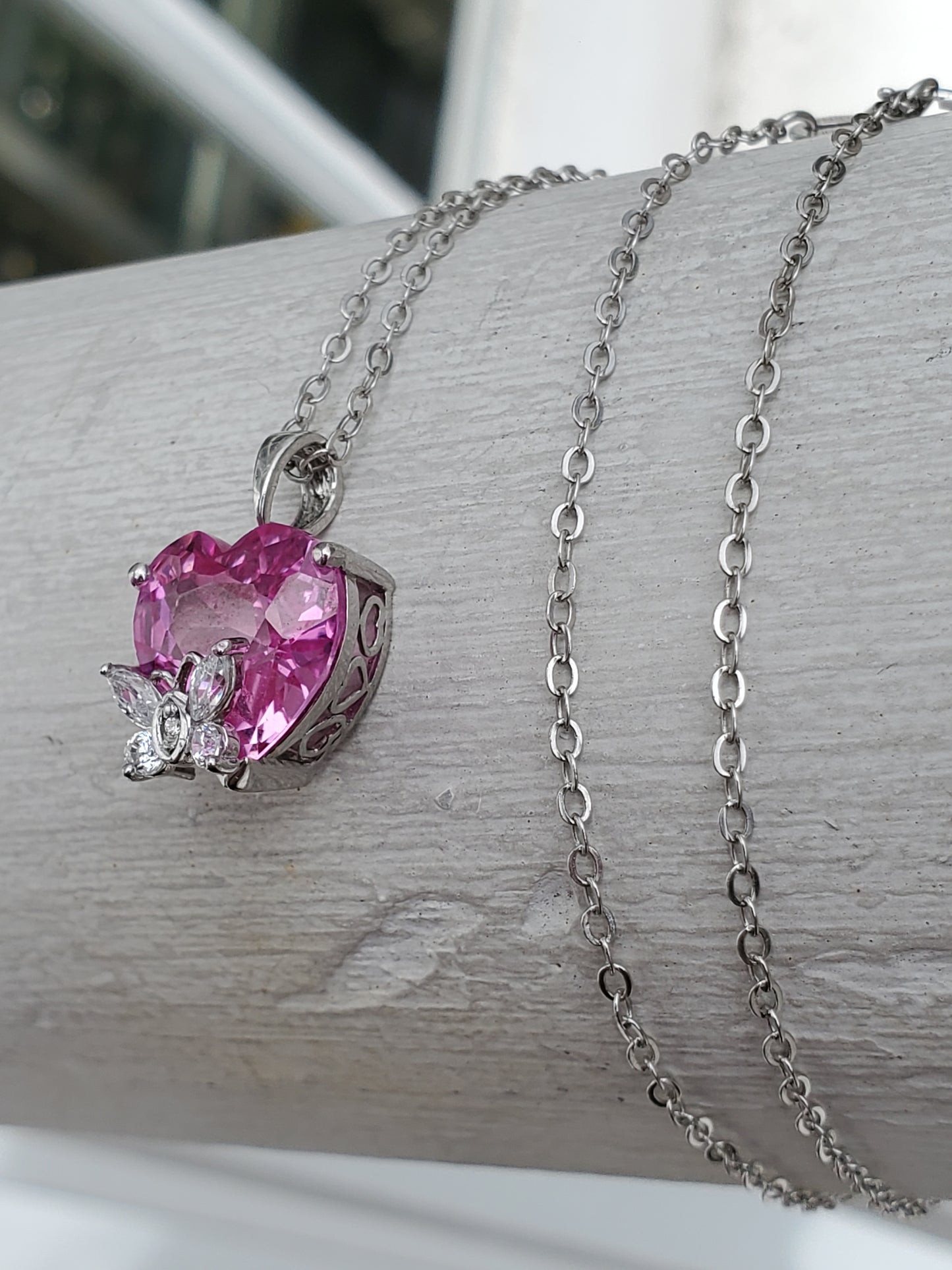 925 Sterling Silver Hot Pink Heart Butterfly Zirconia CZ Necklace
