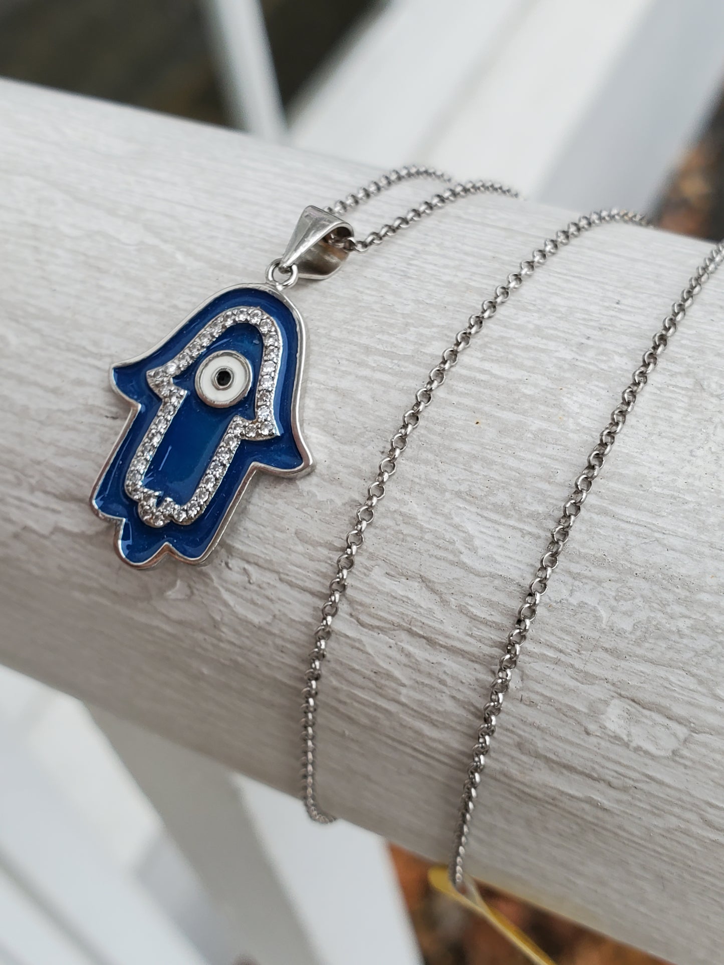 925 Sterling Silver Blue Enamel Hamsa Pendant / Necklace