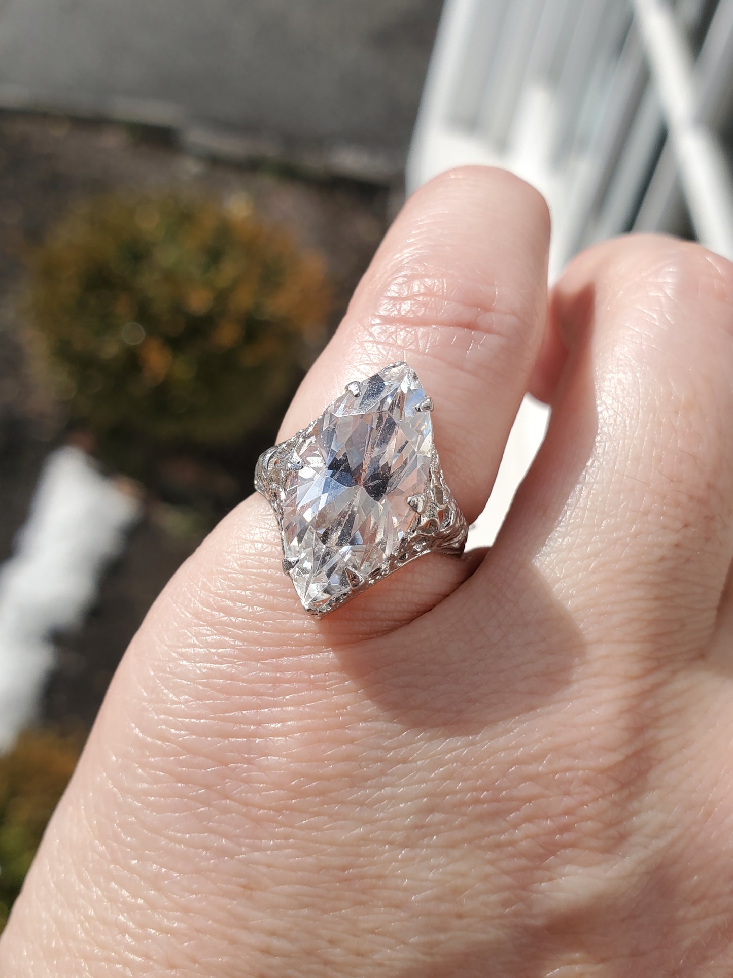 14k Solid White Gold Vinatge Art Deco 5ct Marquise Zirconia CZ Ring