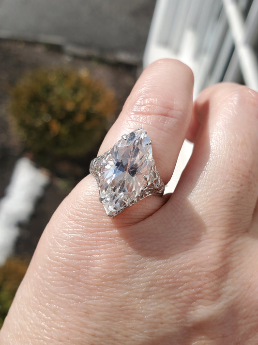 14k Solid White Gold Vinatge Art Deco 5ct Marquise Zirconia CZ Ring