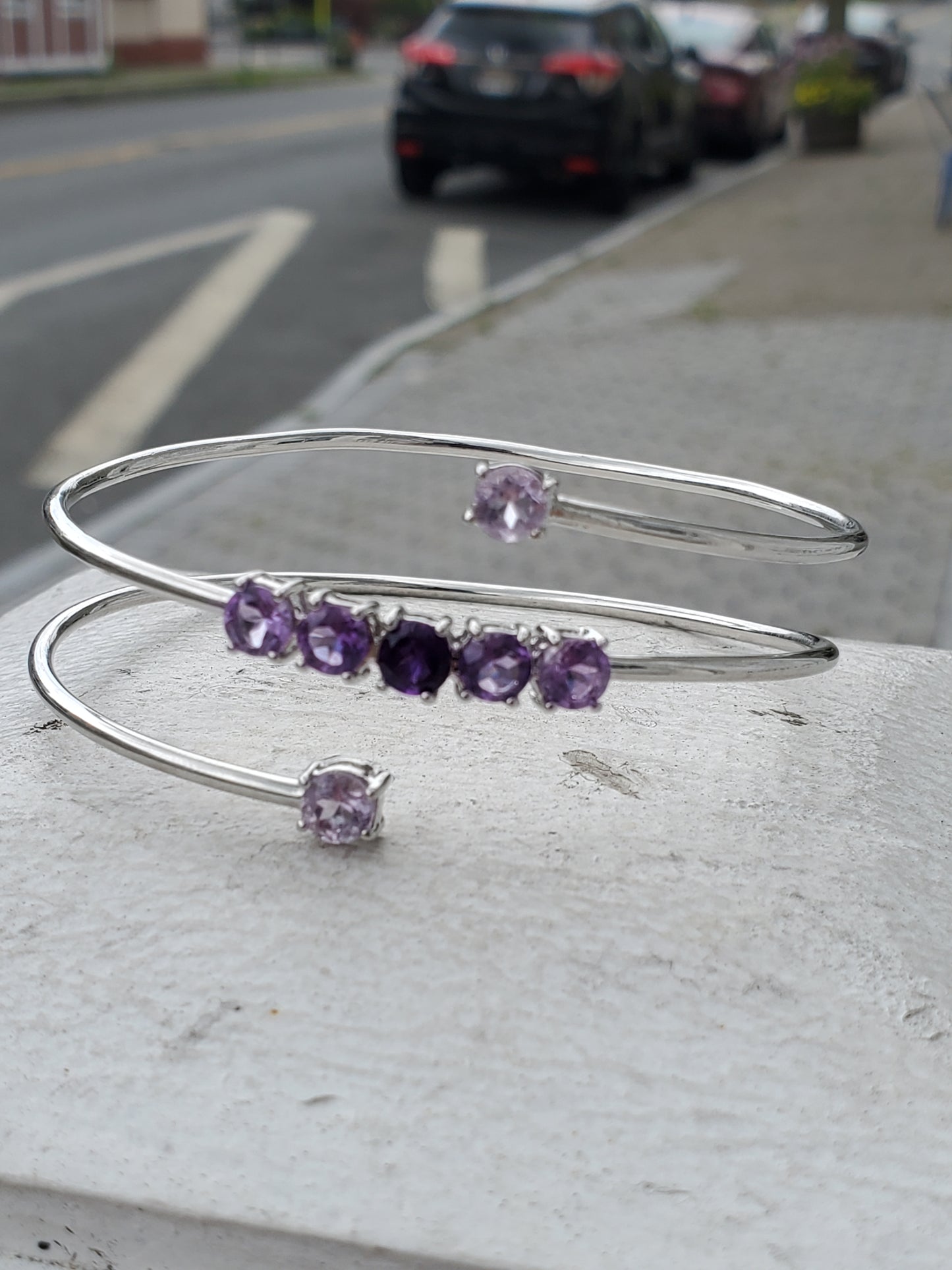 925 Sterling Silver Amethyst Triple Wrap Wire Bangle Bracelet