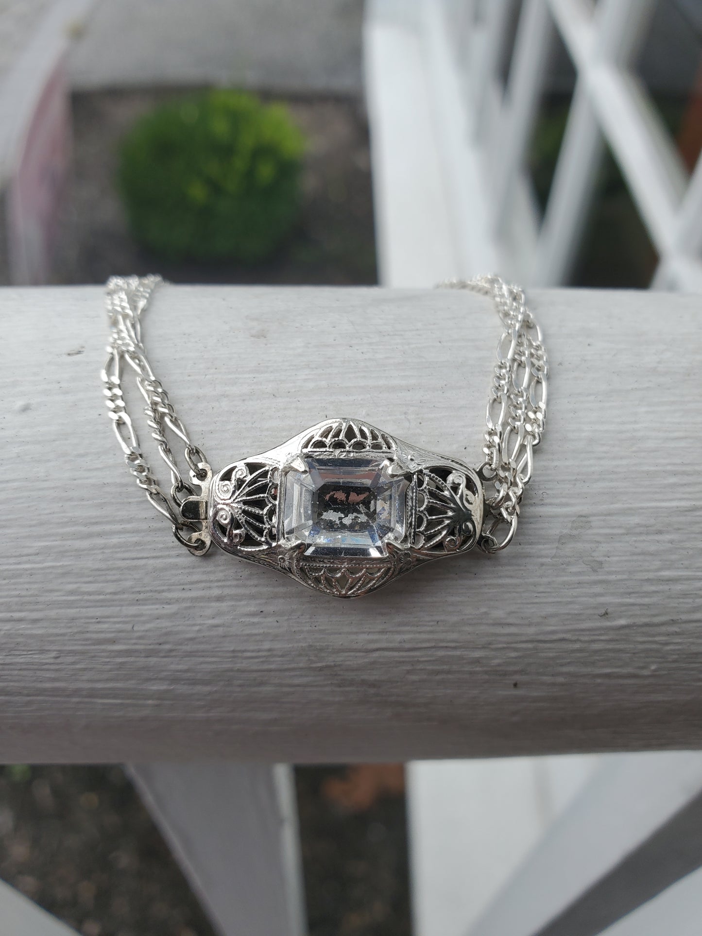 925 Sterling Silver Antique Art Deco White Topaz Triple Strand Figaro Link Bracelet