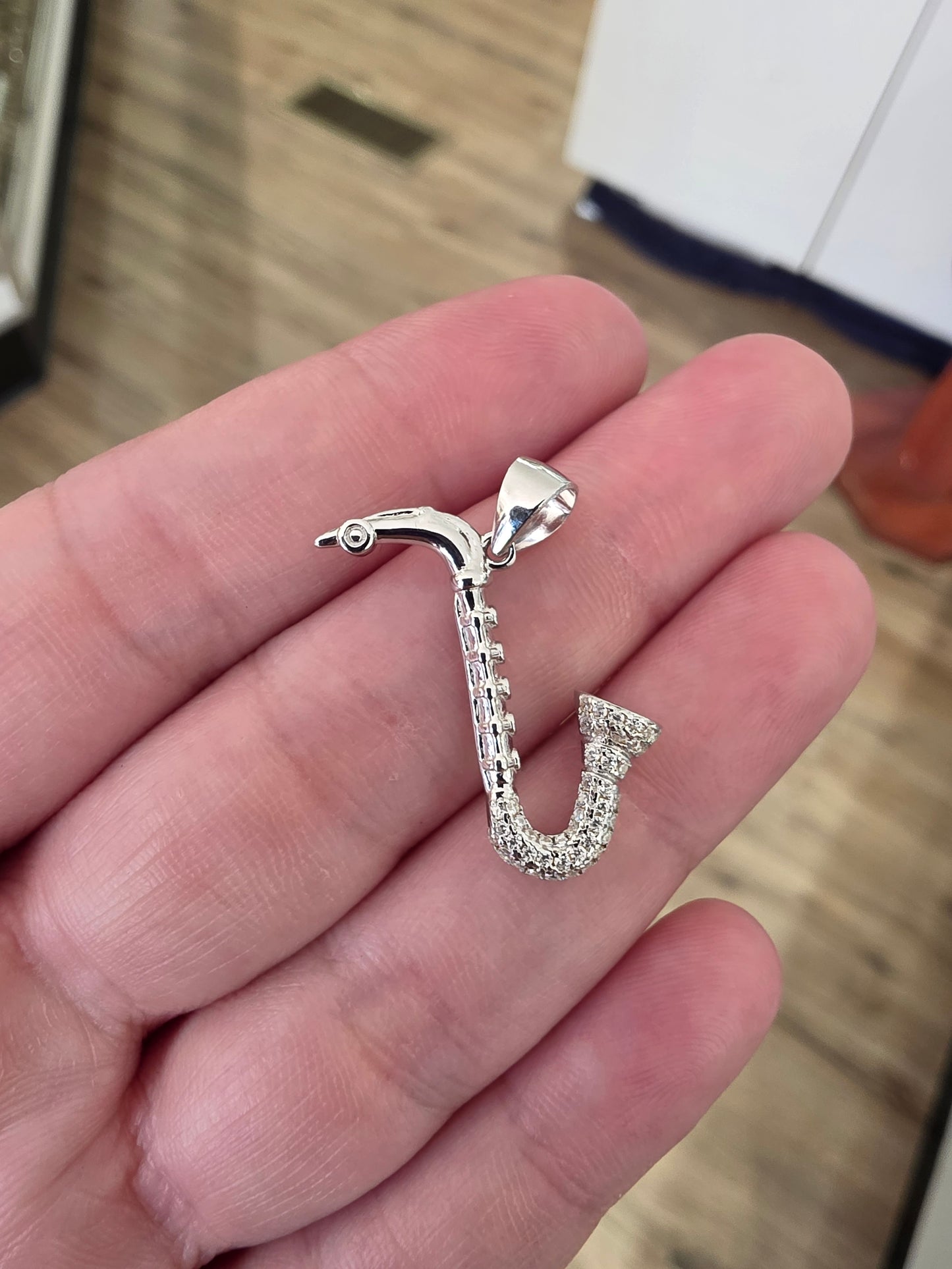 925 Sterling Silver White Spinel Saxophone 3D Pendant Charm