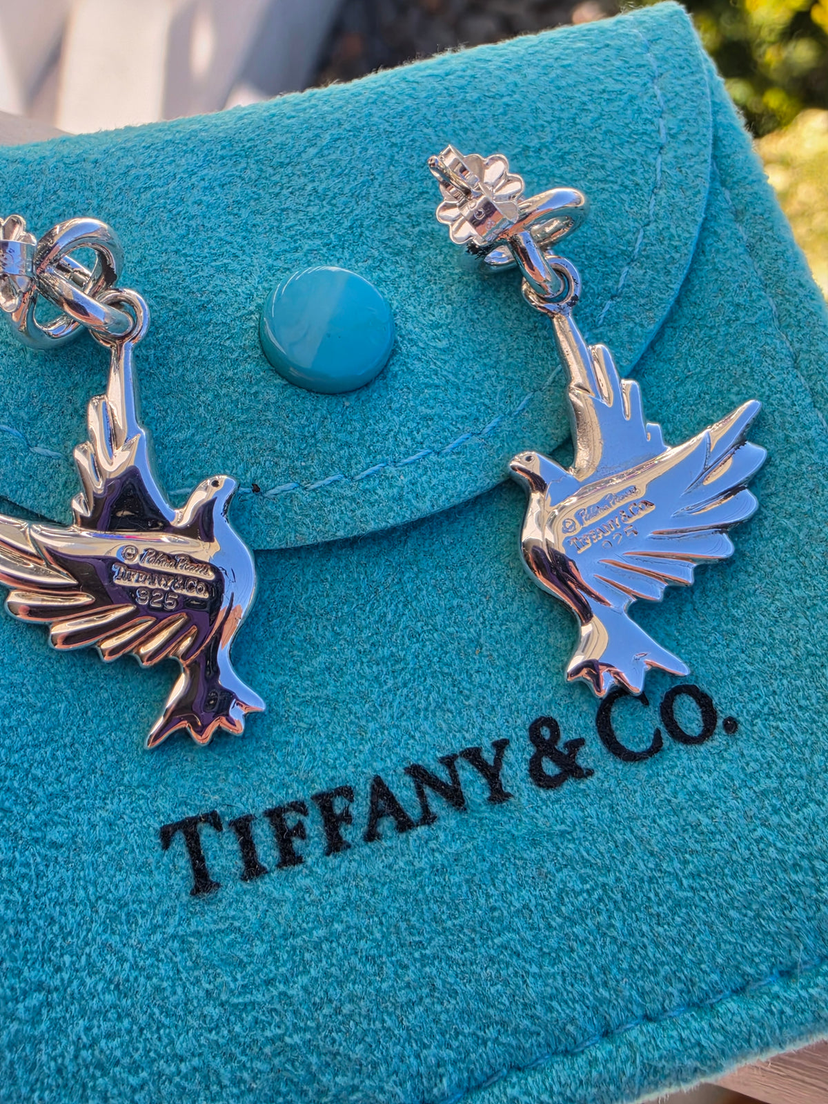 925 Sterling Silver Designer Tiffany & Co Dangling Peace Dove Earrings